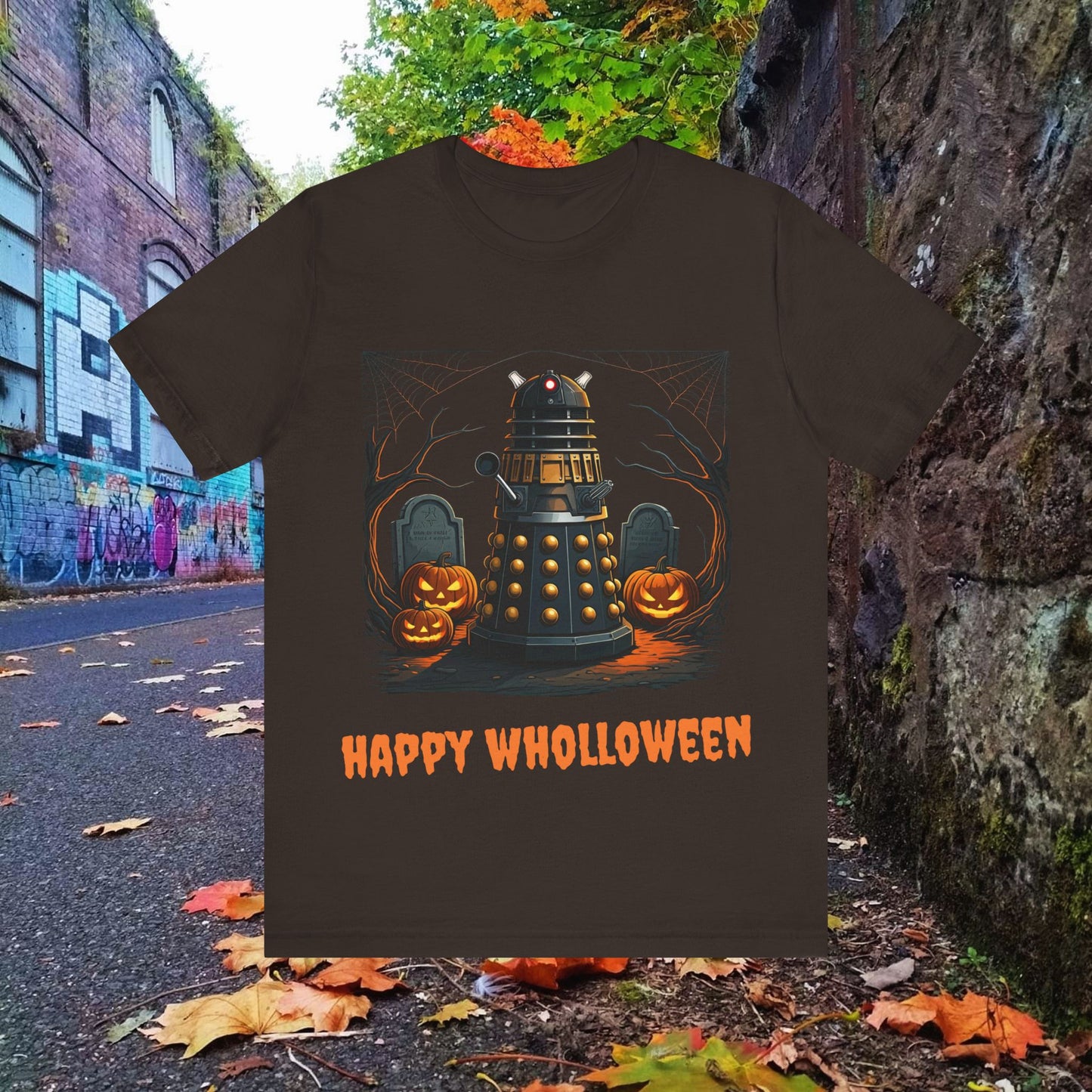 Happy Wholloween Orange back-lit Dalek in a graveyard T-shirt