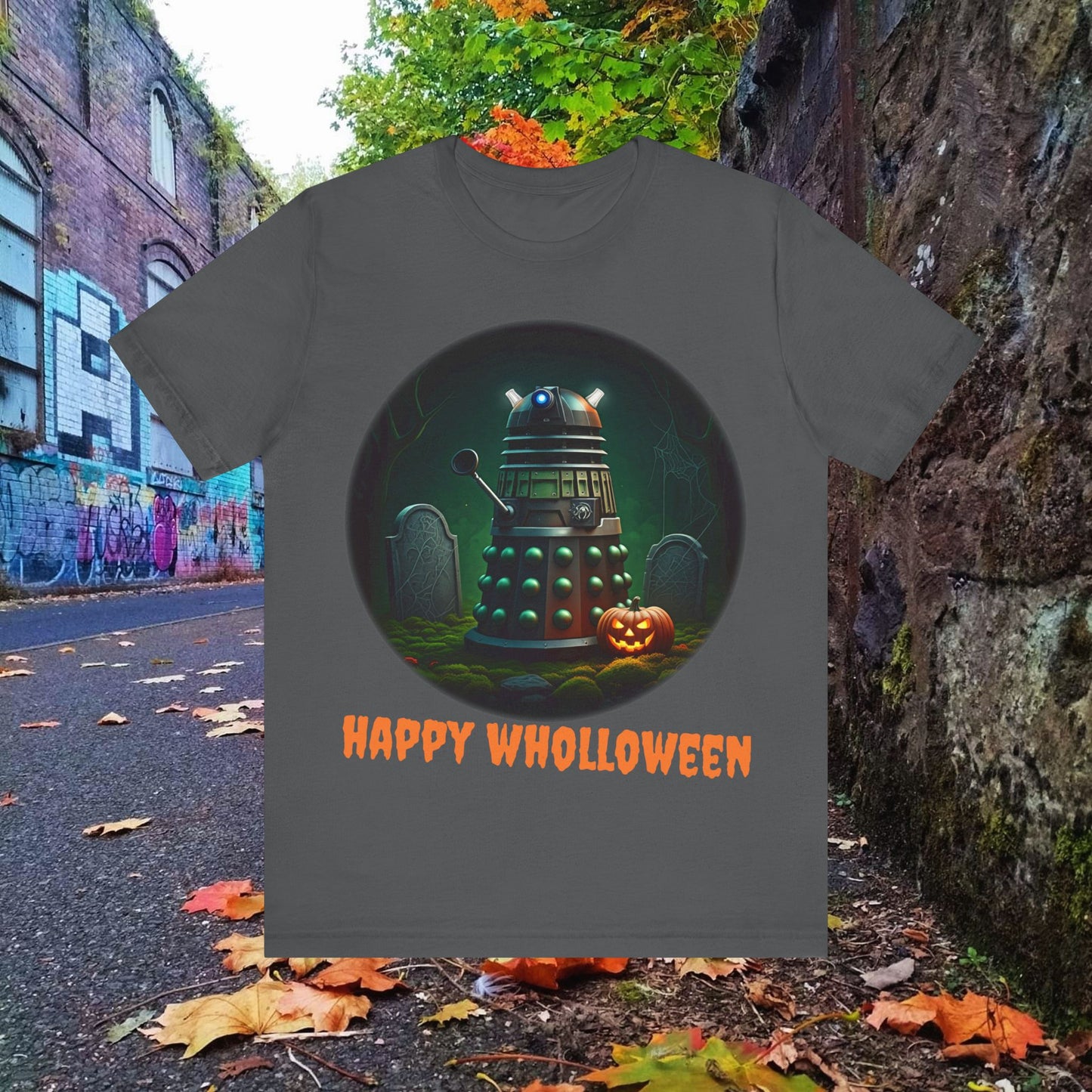 Happy Wholloween Green Dalek in a graveyard, I know, I know... T-shirt featuring pumpkin and gravestone