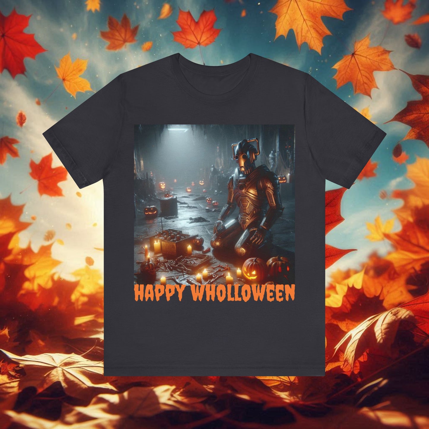 Happy Wholloween Cyberman kneeling in candy T-shirt