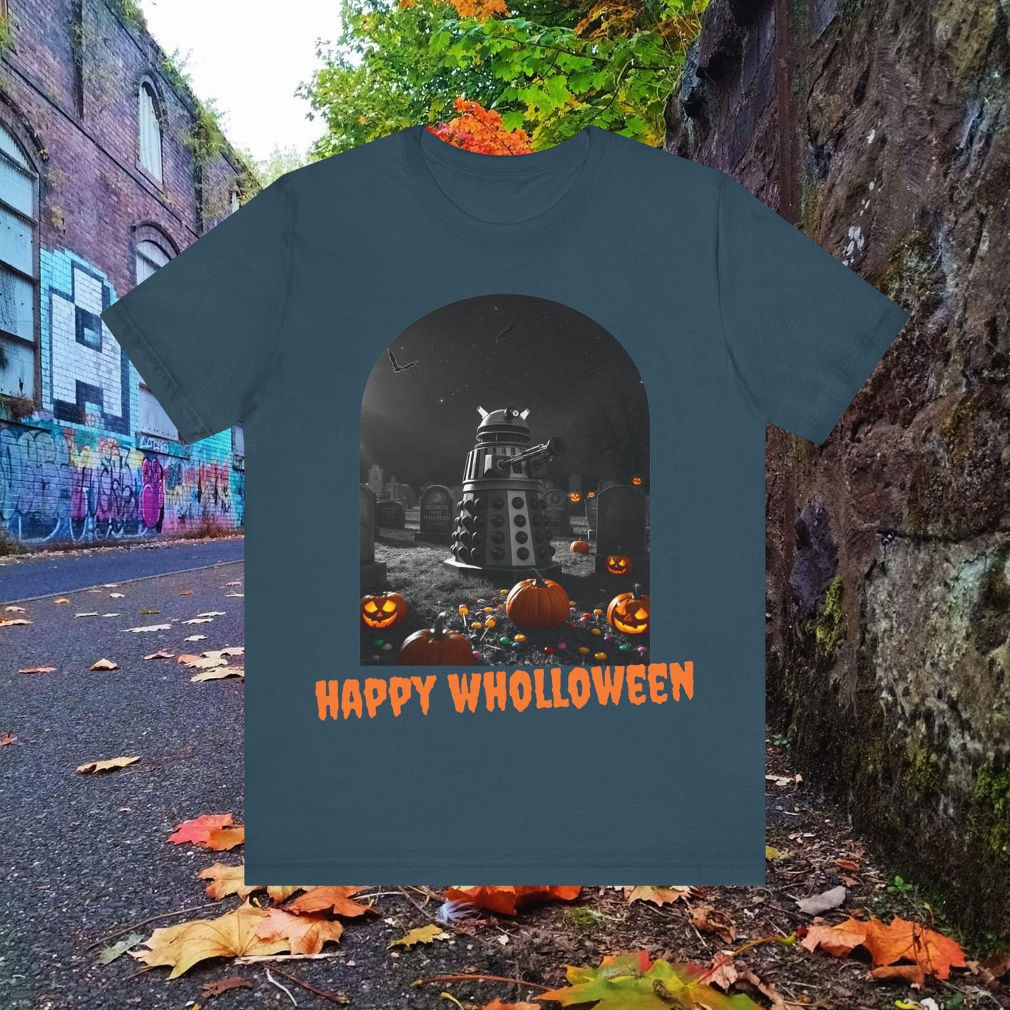 Happy Wholloween black & white Dalek with colour pumpkins in a graveyard T-shirt (Oh, and bats)