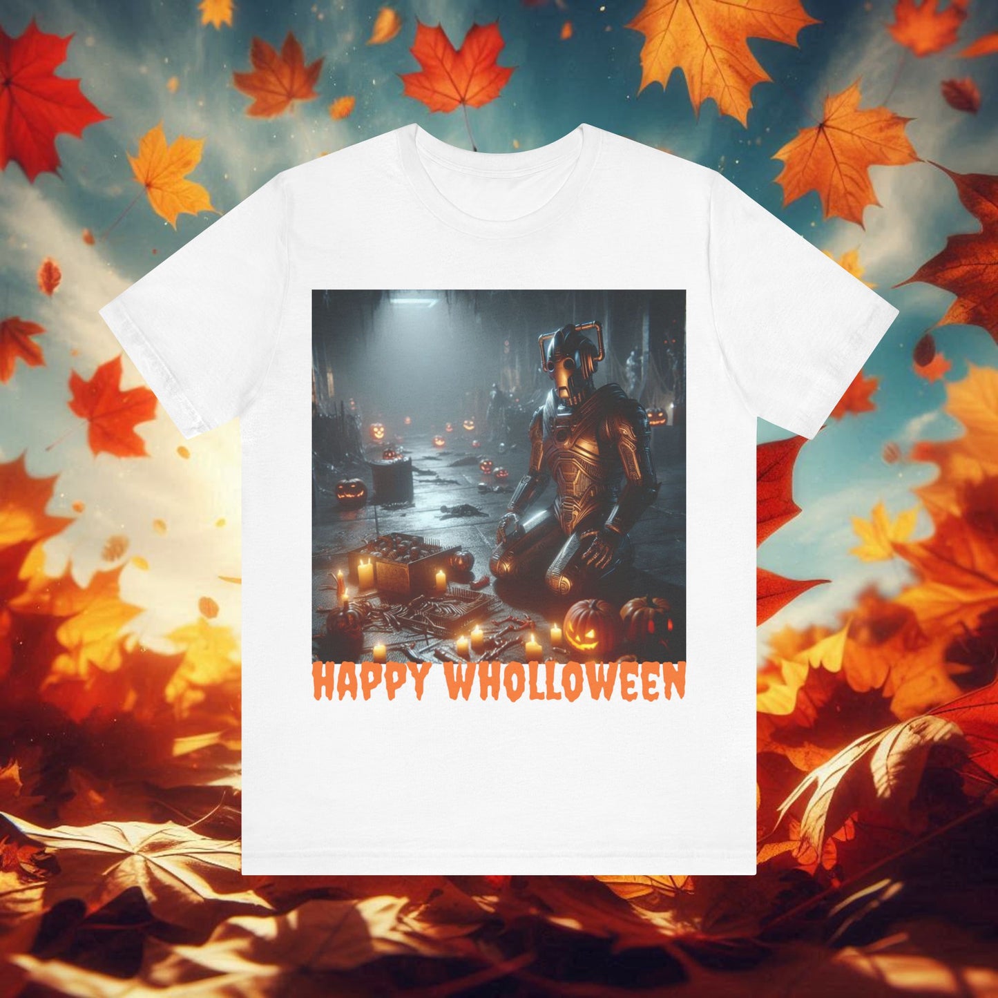 Happy Wholloween Cyberman kneeling in candy T-shirt