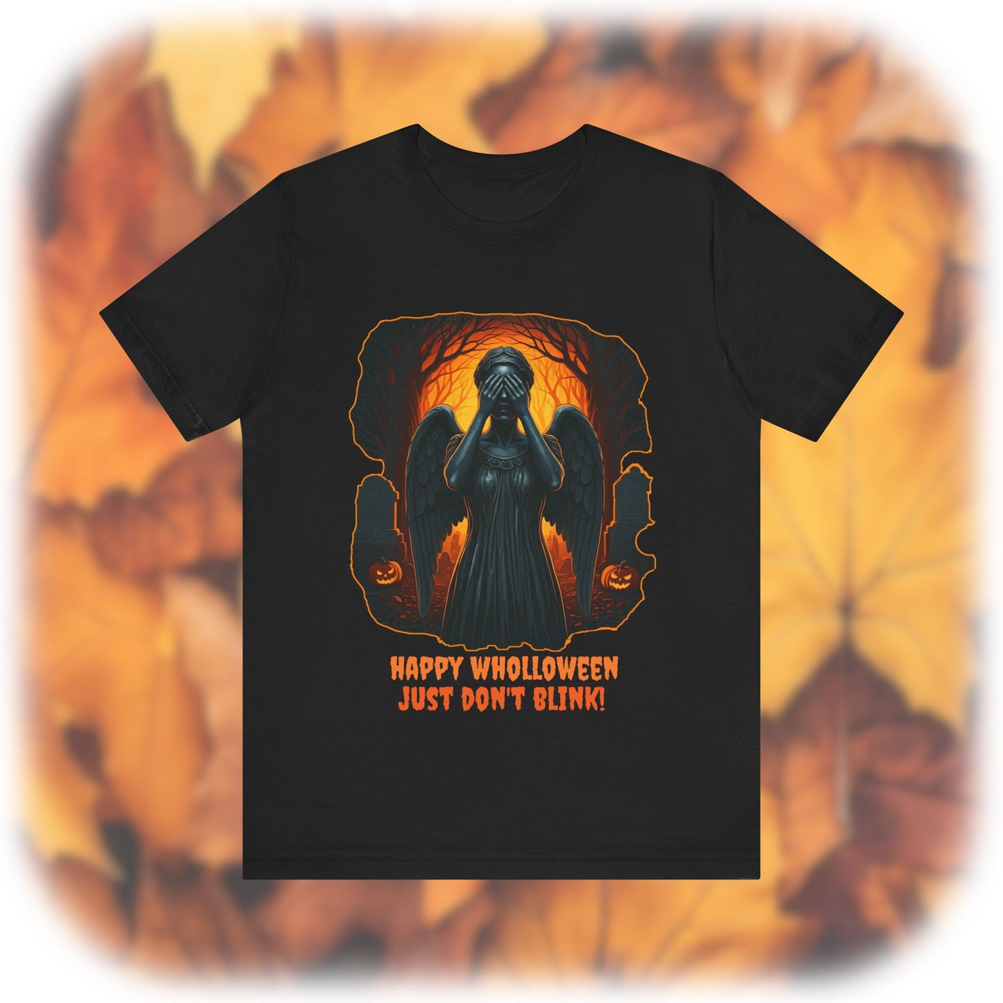 Happy Wholloween Weeping Angel in a spooky orange forest T-shirt