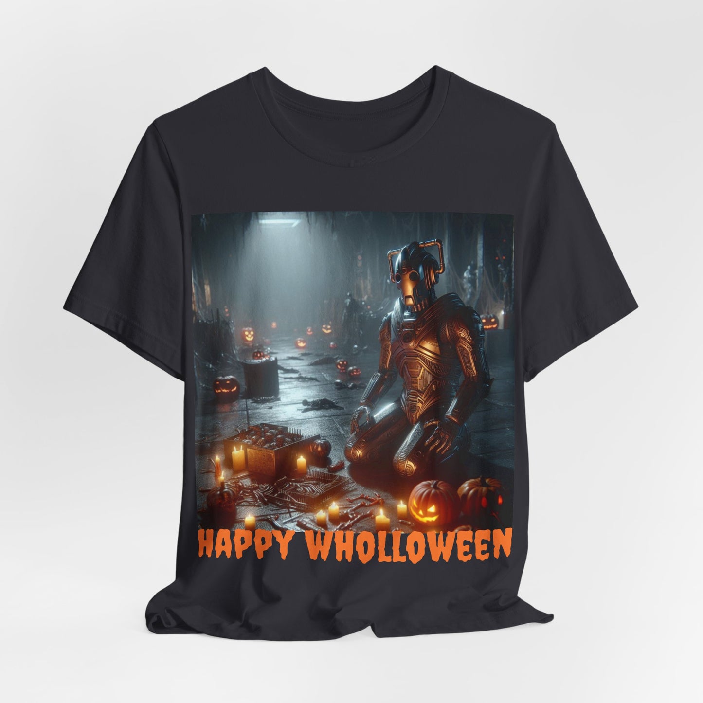 Happy Wholloween Cyberman kneeling in candy T-shirt