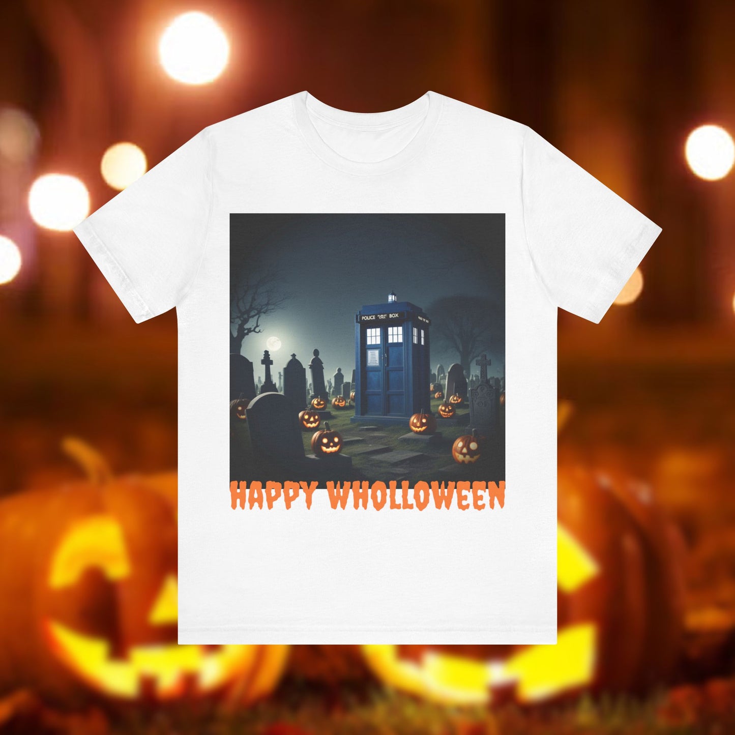 Happy Wholloween TARDIS in spooky pumpkin filled graveyard T-shirt