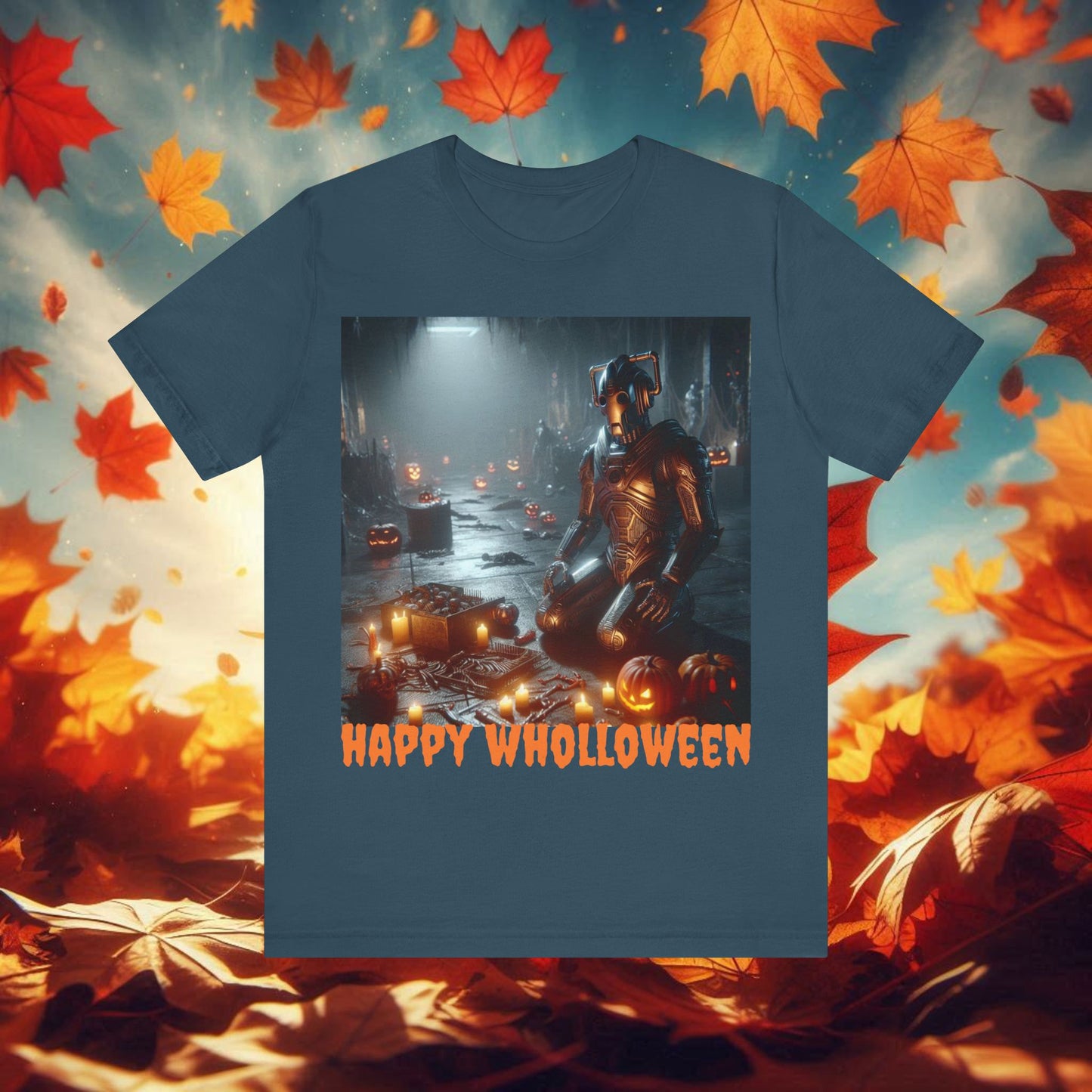 Happy Wholloween Cyberman kneeling in candy T-shirt