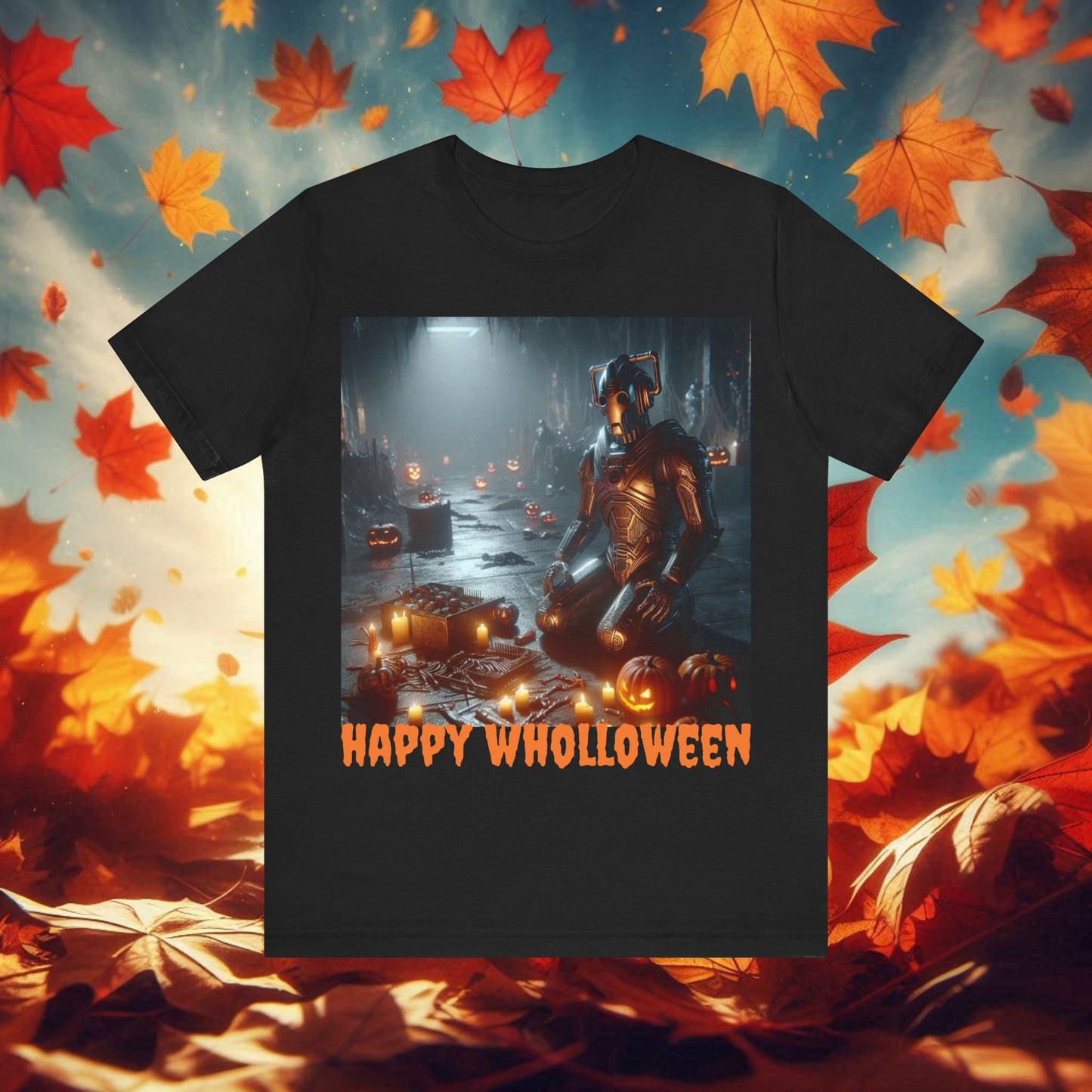 Happy Wholloween Cyberman kneeling in candy T-shirt