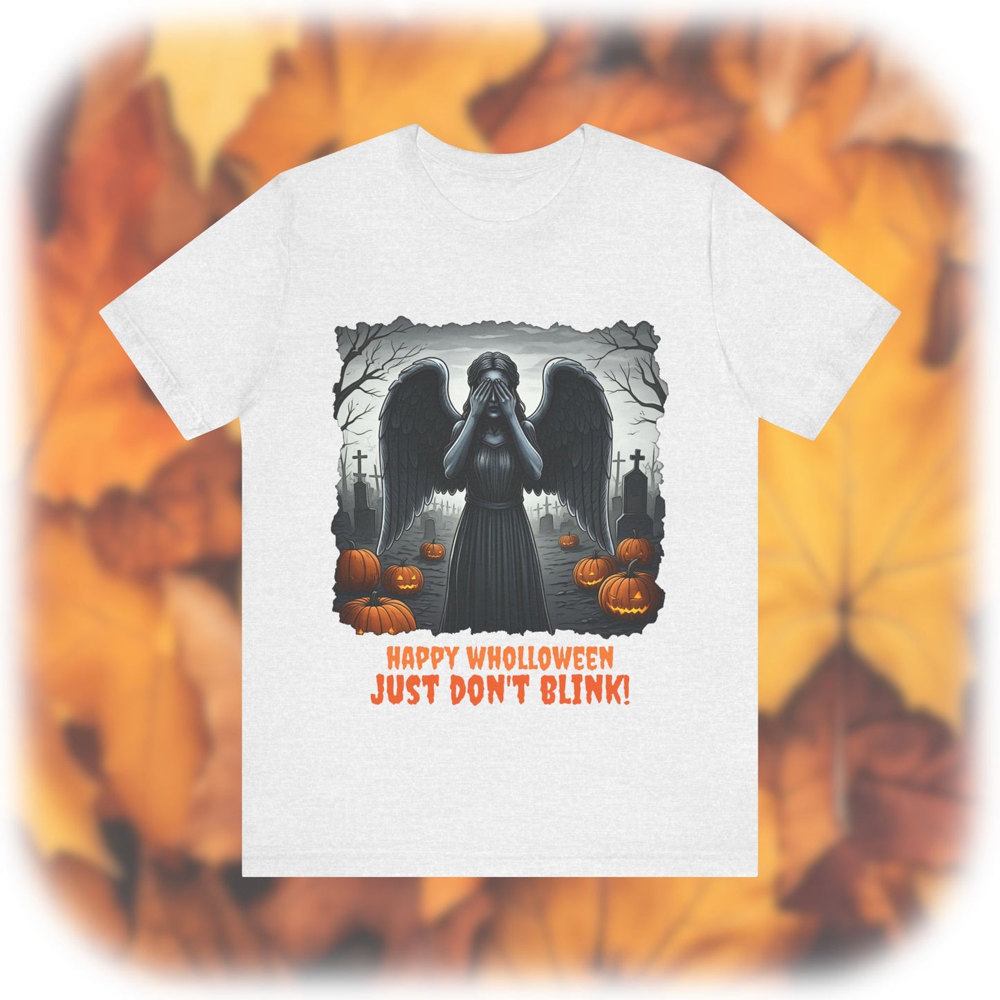 Happy Wholloween black and white Weeping Angel with coloured stolen pumpkins hiding in graveyard T-shirt