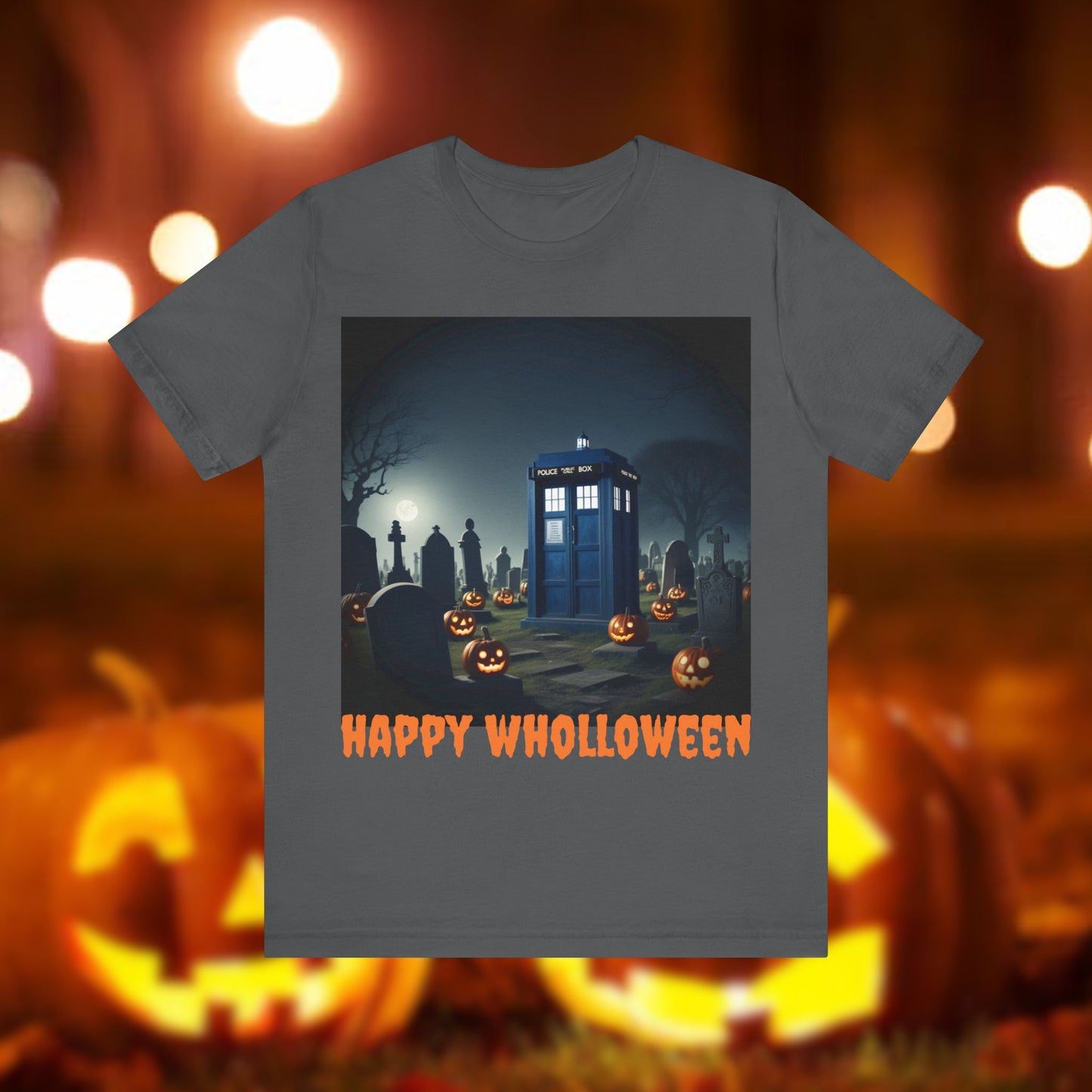 Happy Wholloween TARDIS in spooky pumpkin filled graveyard T-shirt