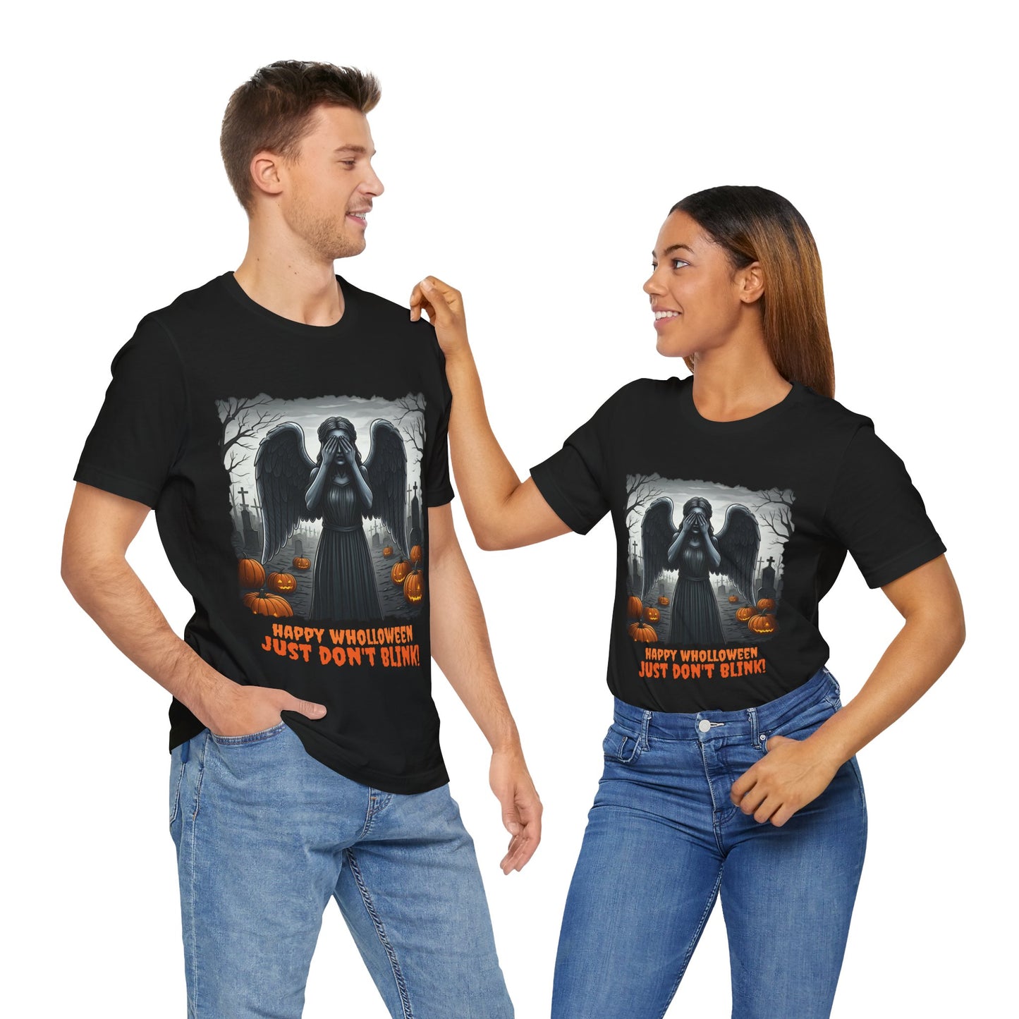 Happy Wholloween black and white Weeping Angel with coloured stolen pumpkins hiding in graveyard T-shirt