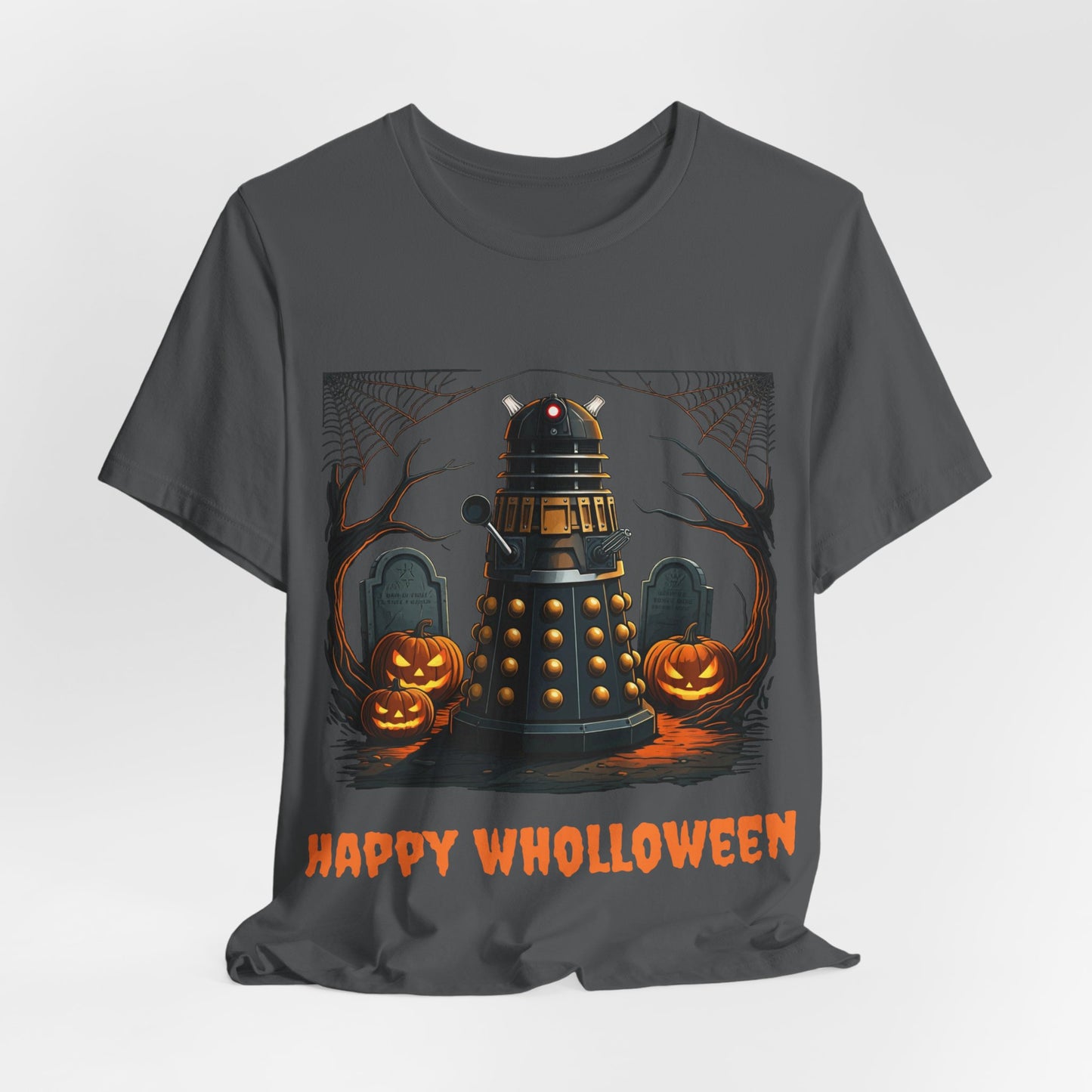 Happy Wholloween Orange back-lit Dalek in a graveyard T-shirt