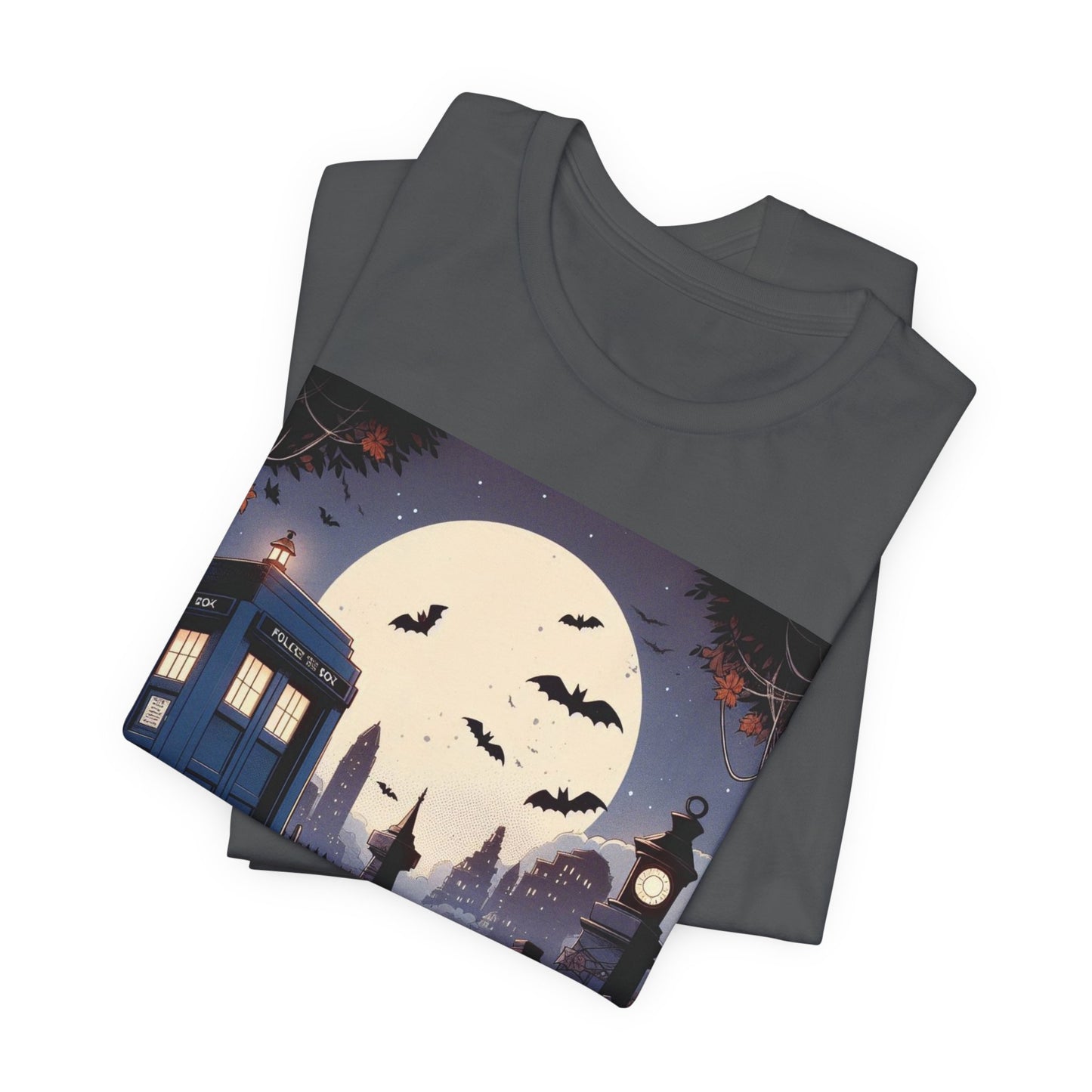 Happy Wholloween TARDIS T-shirt Cartoon Style with bats and pumpkins