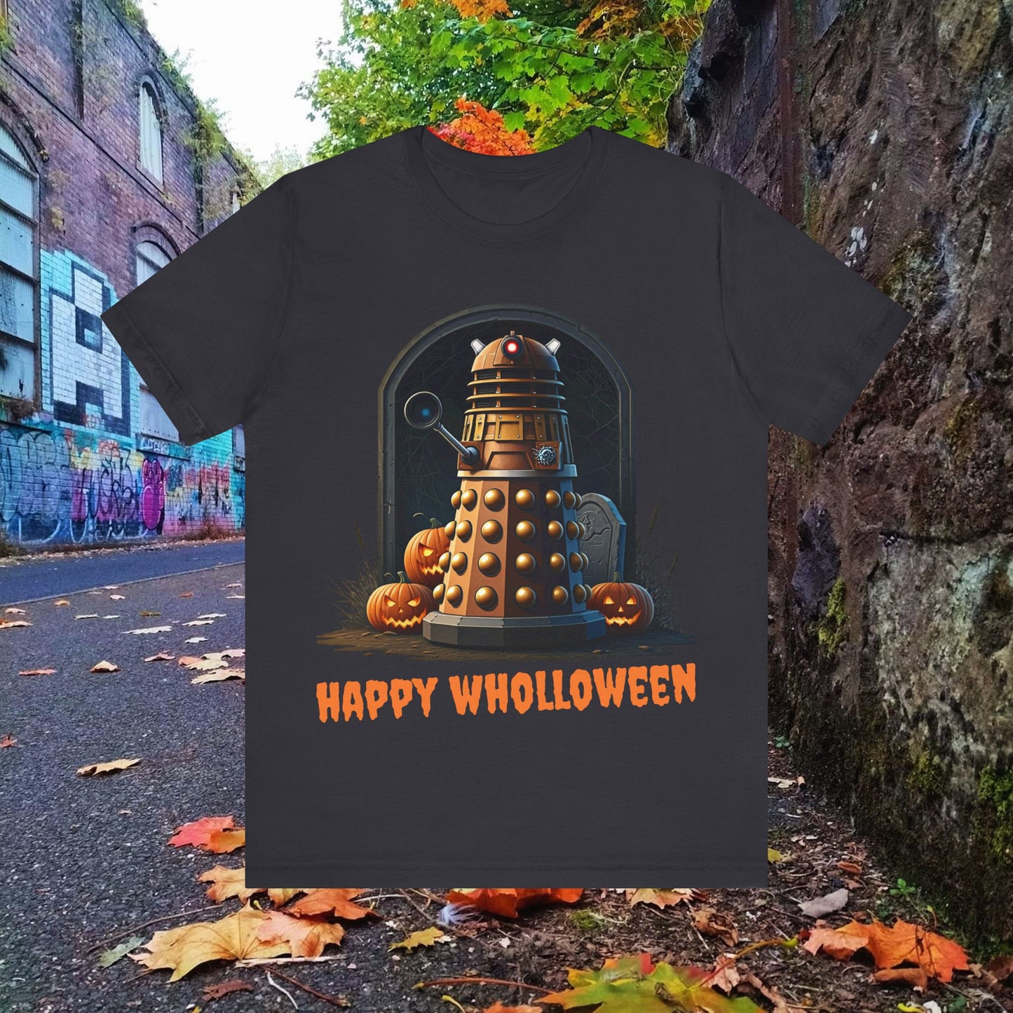 Happy Wholloween Dalek portrait with pumpkins and stuff T-shirt