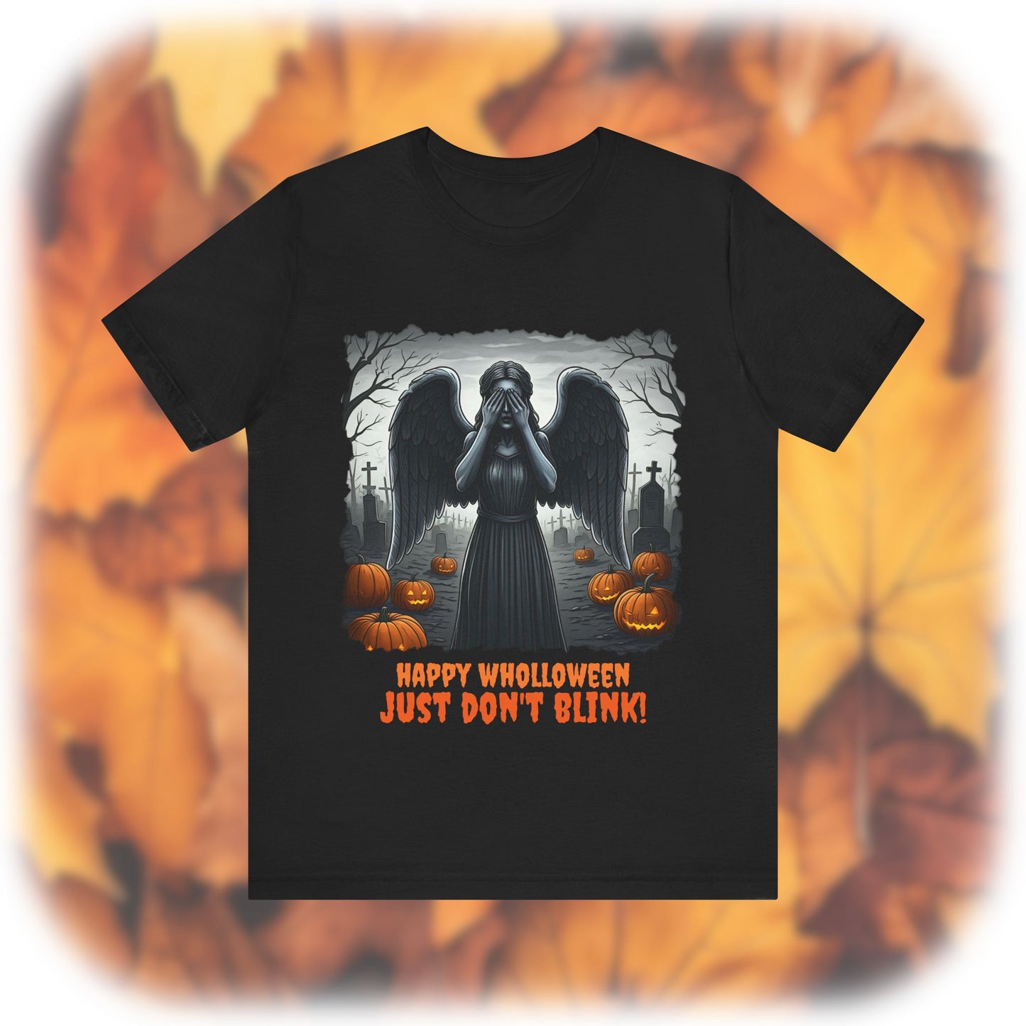 Happy Wholloween black and white Weeping Angel with coloured stolen pumpkins hiding in graveyard T-shirt