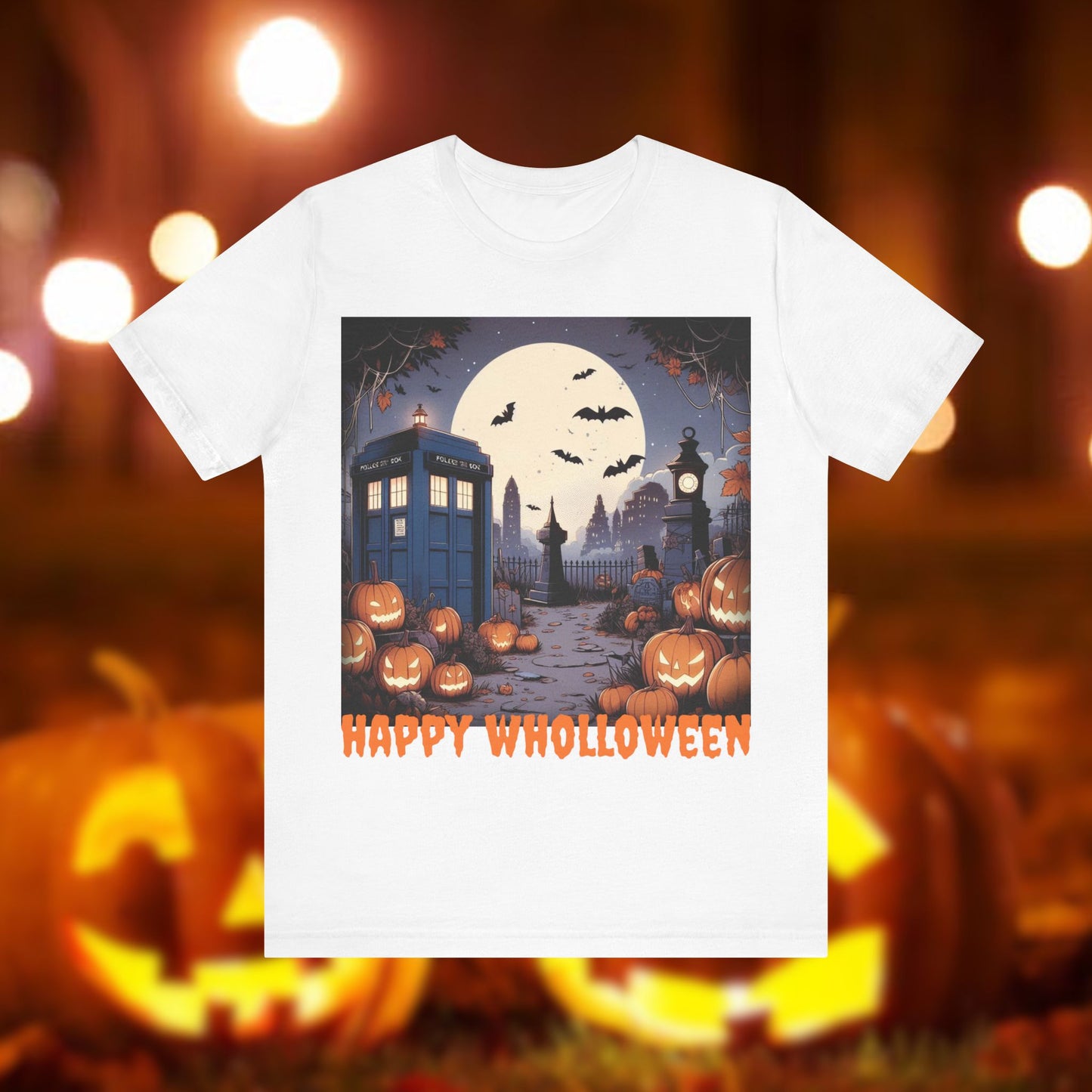 Happy Wholloween TARDIS T-shirt Cartoon Style with bats and pumpkins