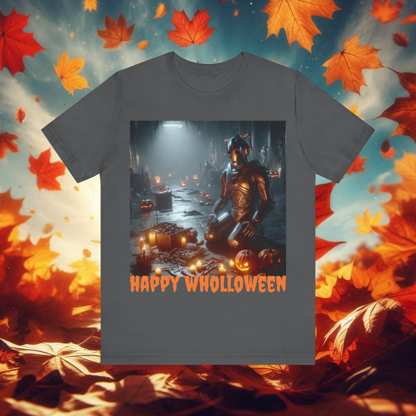 Happy Wholloween Cyberman kneeling in candy T-shirt