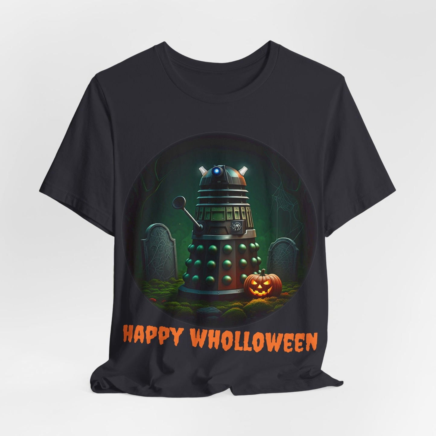 Happy Wholloween Green Dalek in a graveyard, I know, I know... T-shirt featuring pumpkin and gravestone