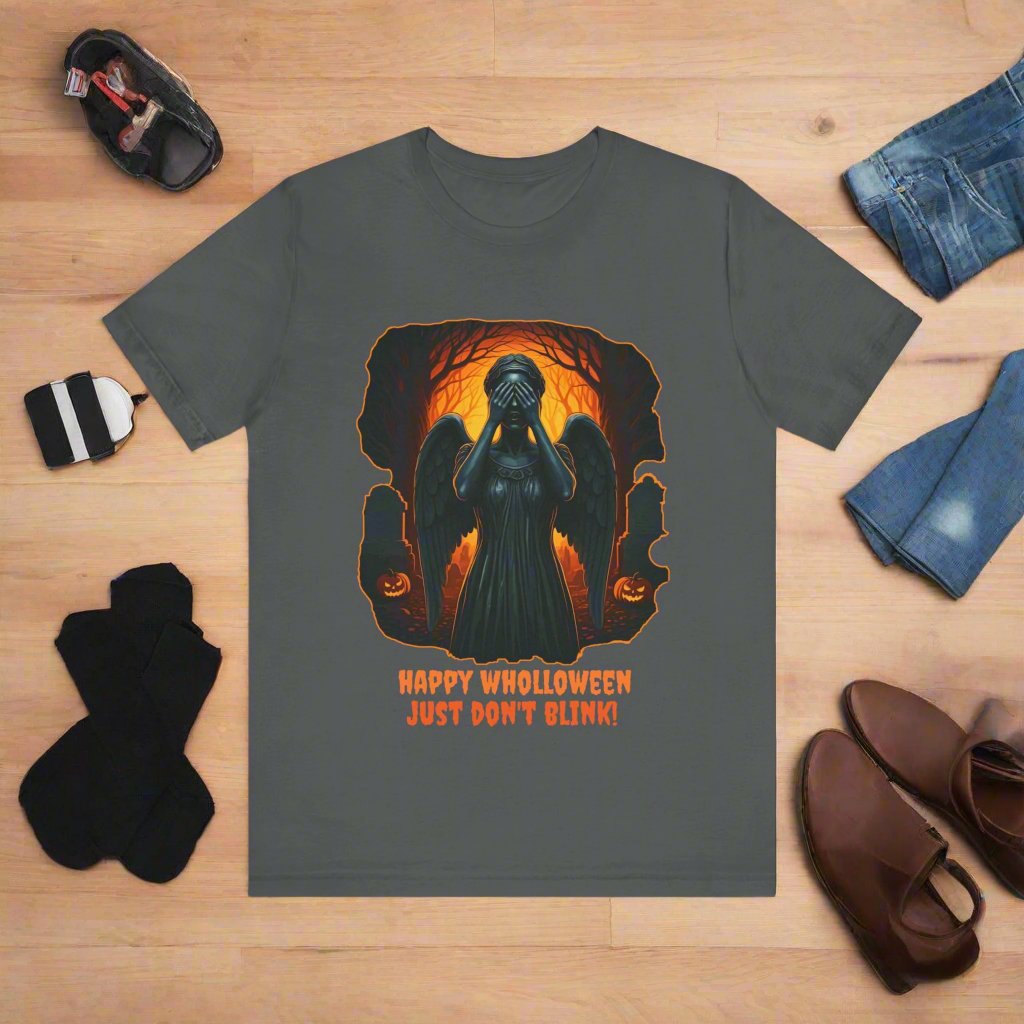 Happy Wholloween Weeping Angel in a spooky orange forest T-shirt