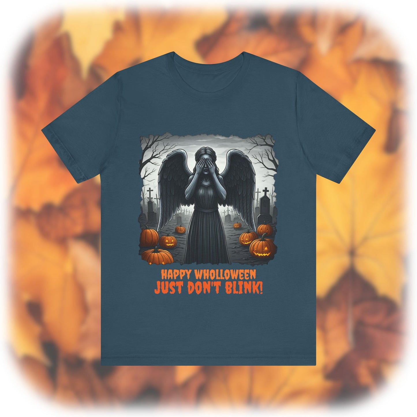 Happy Wholloween black and white Weeping Angel with coloured stolen pumpkins hiding in graveyard T-shirt