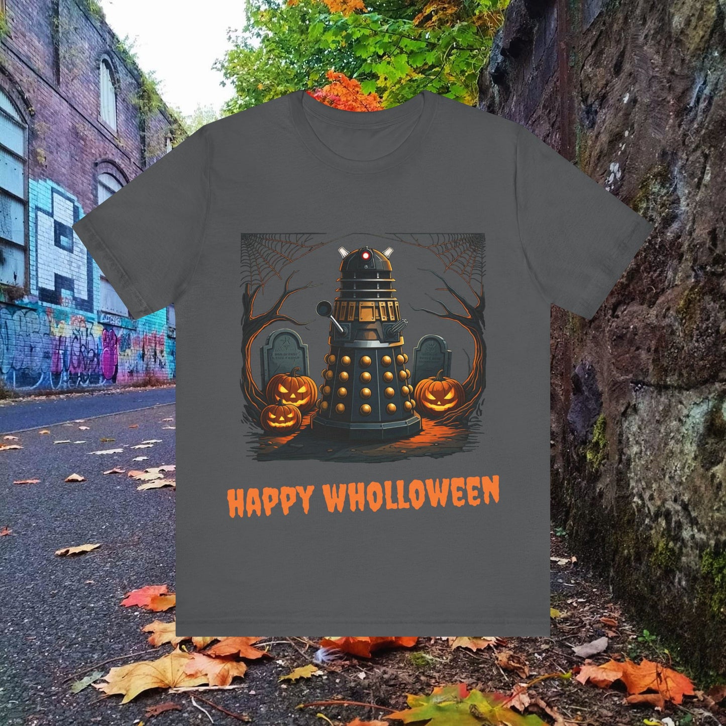 Happy Wholloween Orange back-lit Dalek in a graveyard T-shirt