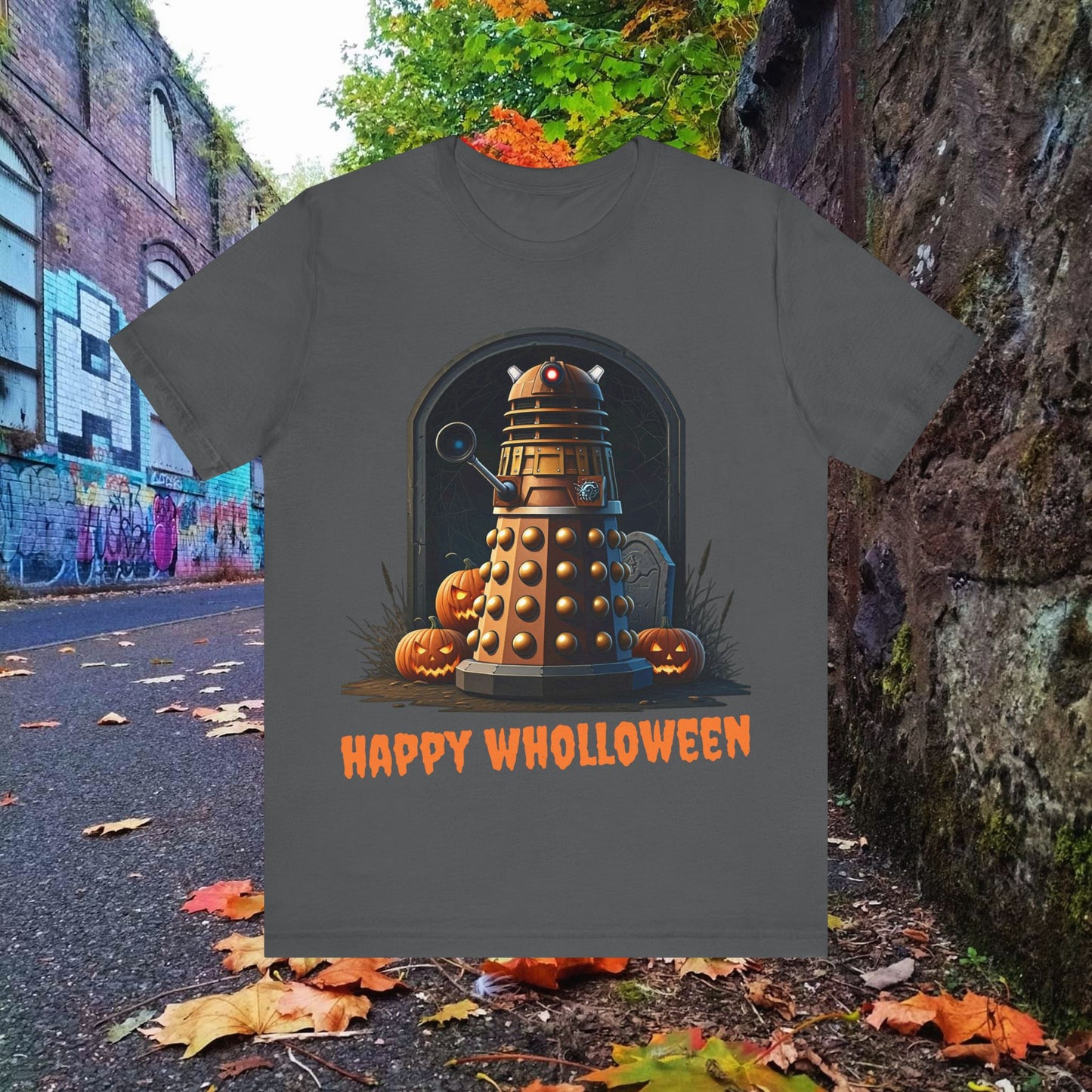 Happy Wholloween Dalek portrait with pumpkins and stuff T-shirt