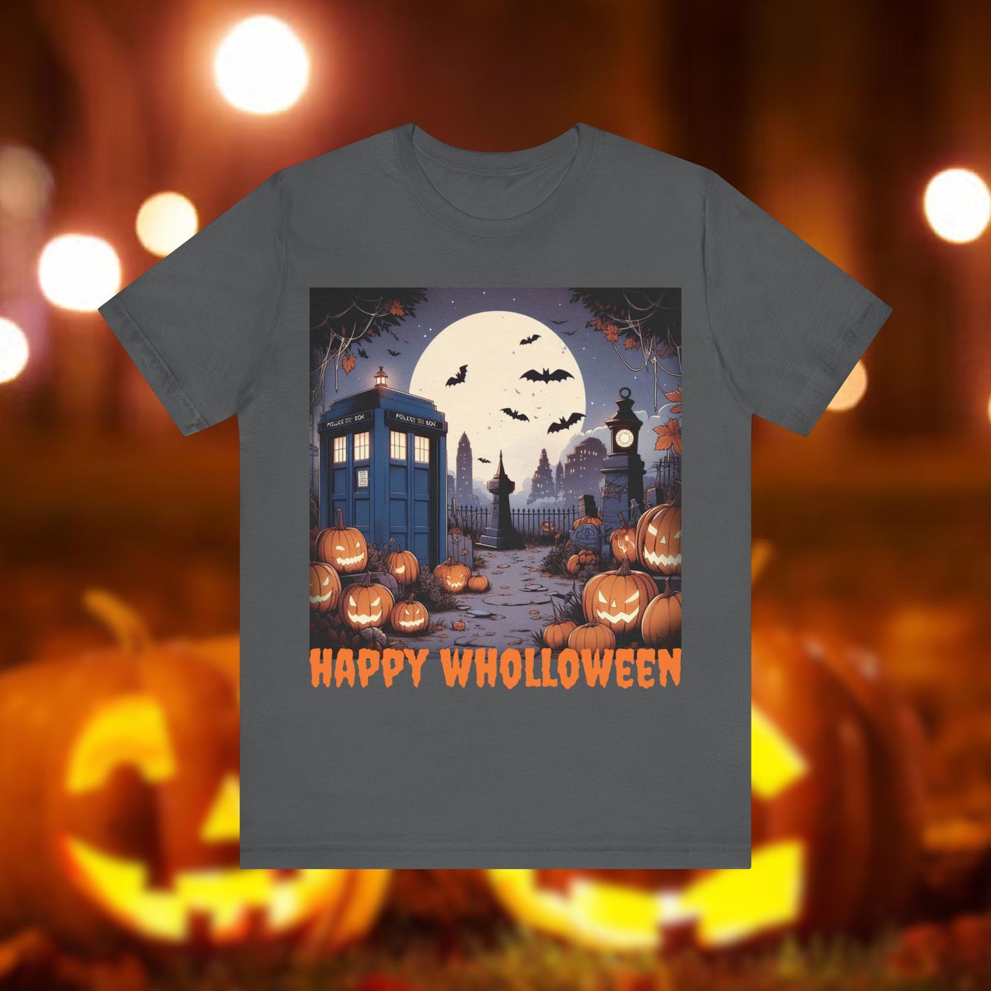 Happy Wholloween TARDIS T-shirt Cartoon Style with bats and pumpkins