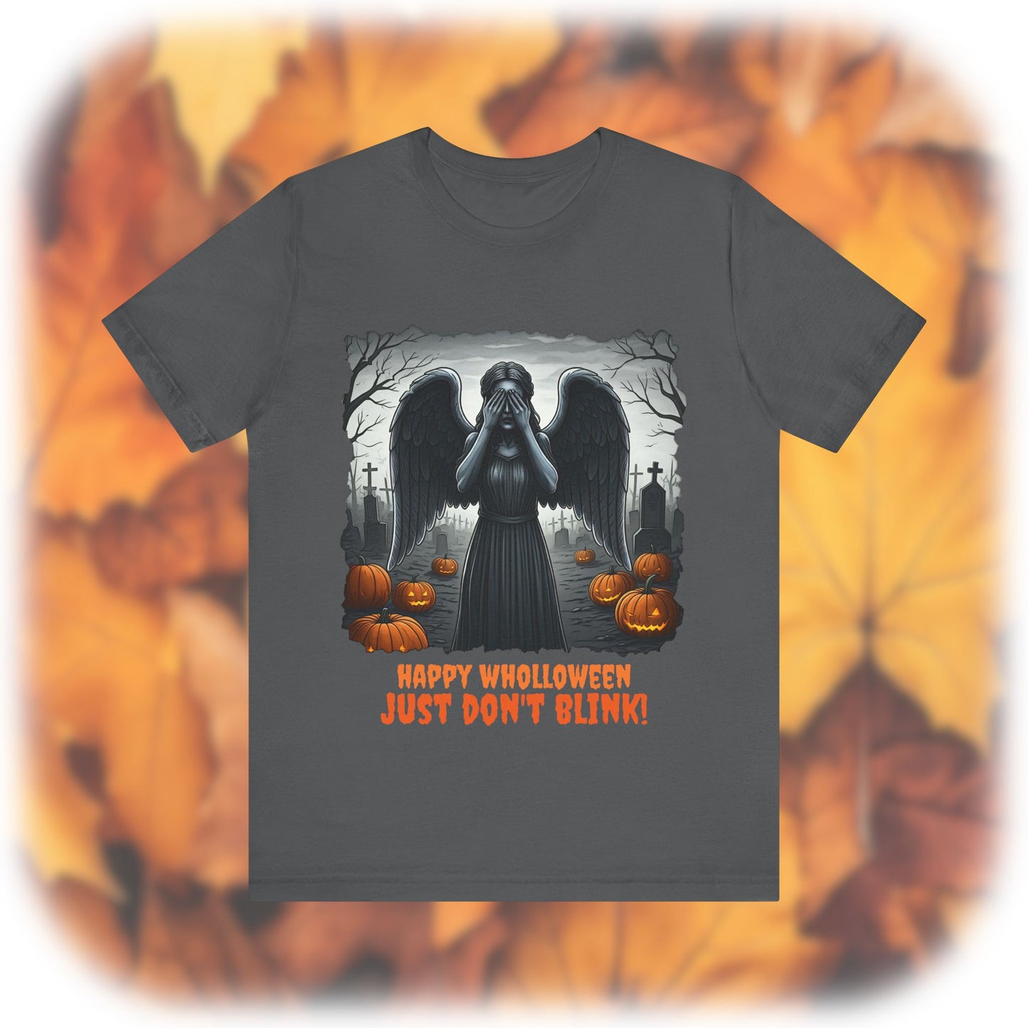 Happy Wholloween black and white Weeping Angel with coloured stolen pumpkins hiding in graveyard T-shirt