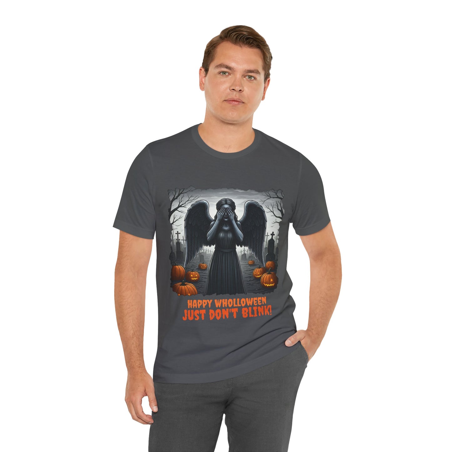 Happy Wholloween black and white Weeping Angel with coloured stolen pumpkins hiding in graveyard T-shirt