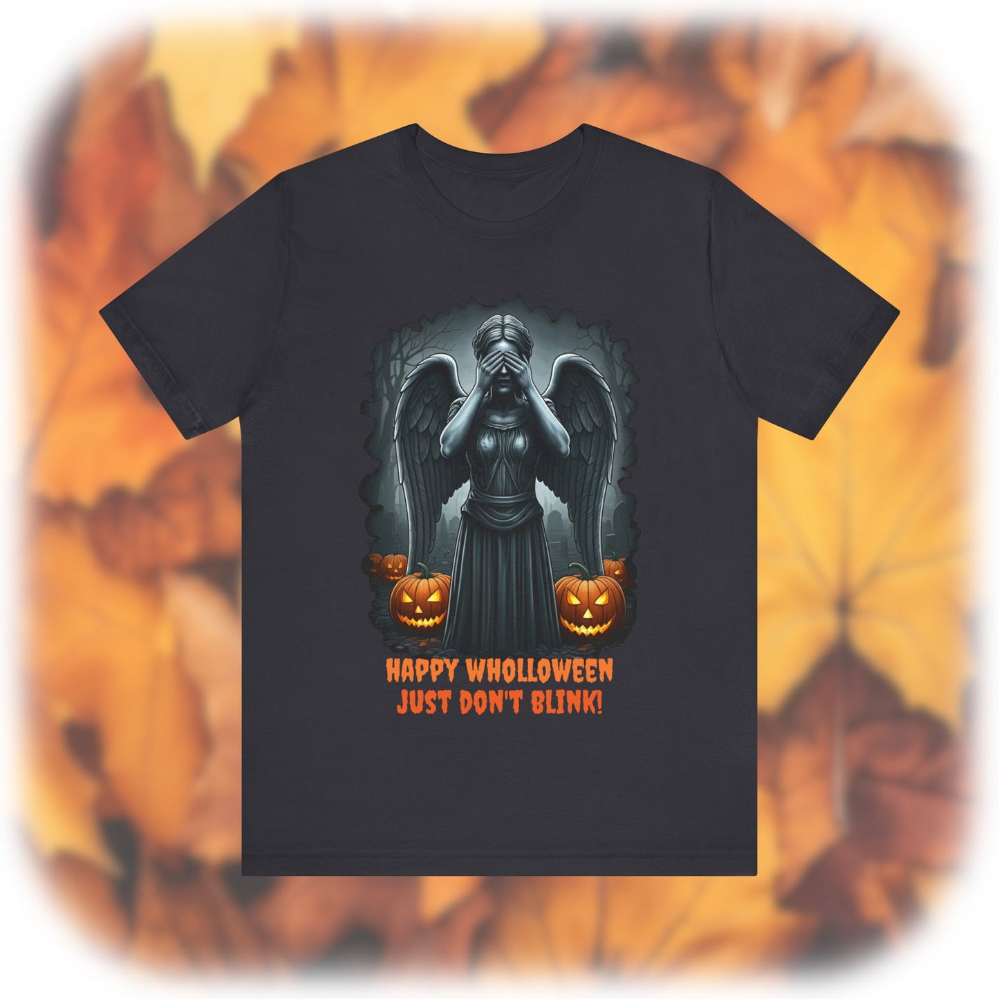 Happy Wholloween black and white Weeping Angel with colour pumpkins several in number T-shirt