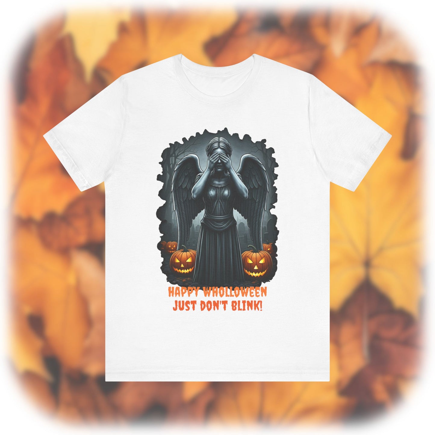 Happy Wholloween black and white Weeping Angel with colour pumpkins several in number T-shirt