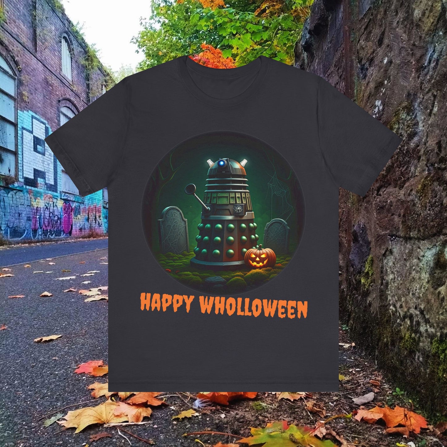 Happy Wholloween Green Dalek in a graveyard, I know, I know... T-shirt featuring pumpkin and gravestone