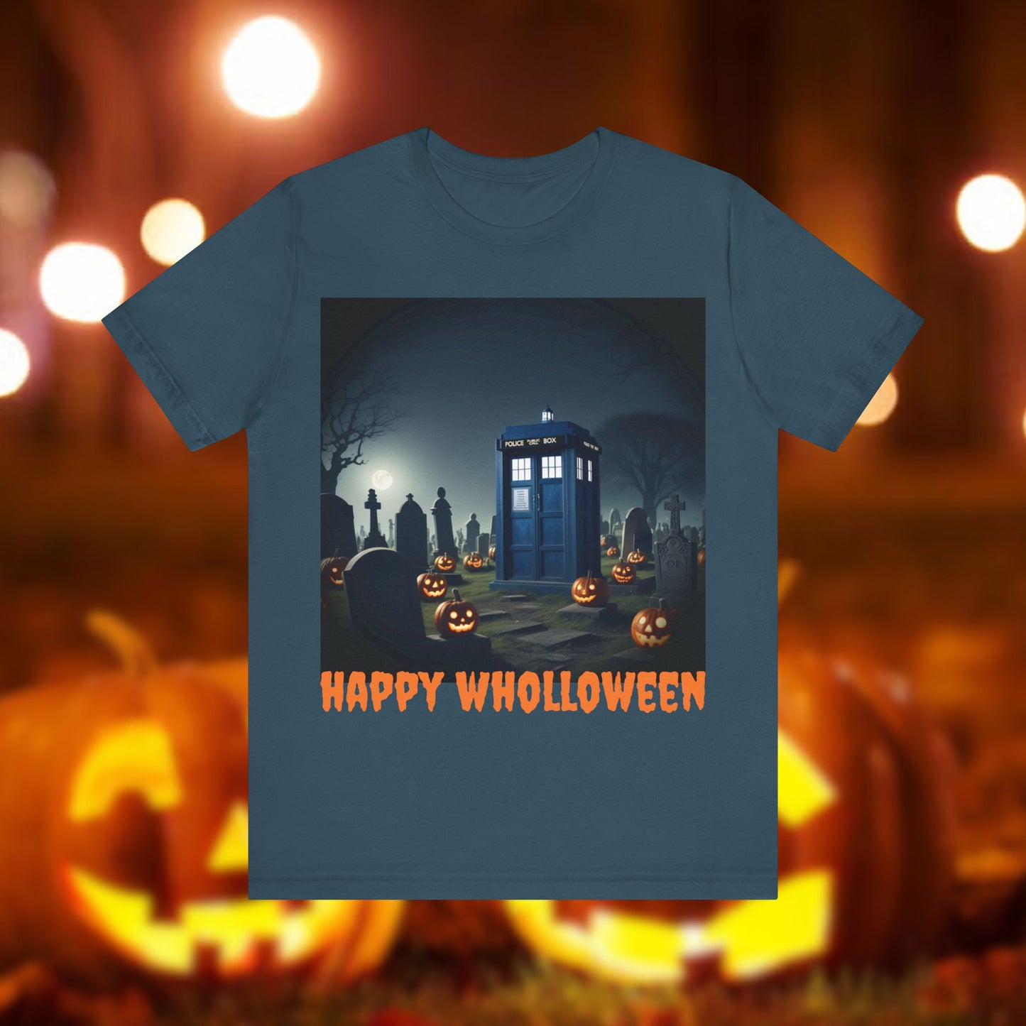 Happy Wholloween TARDIS in spooky pumpkin filled graveyard T-shirt