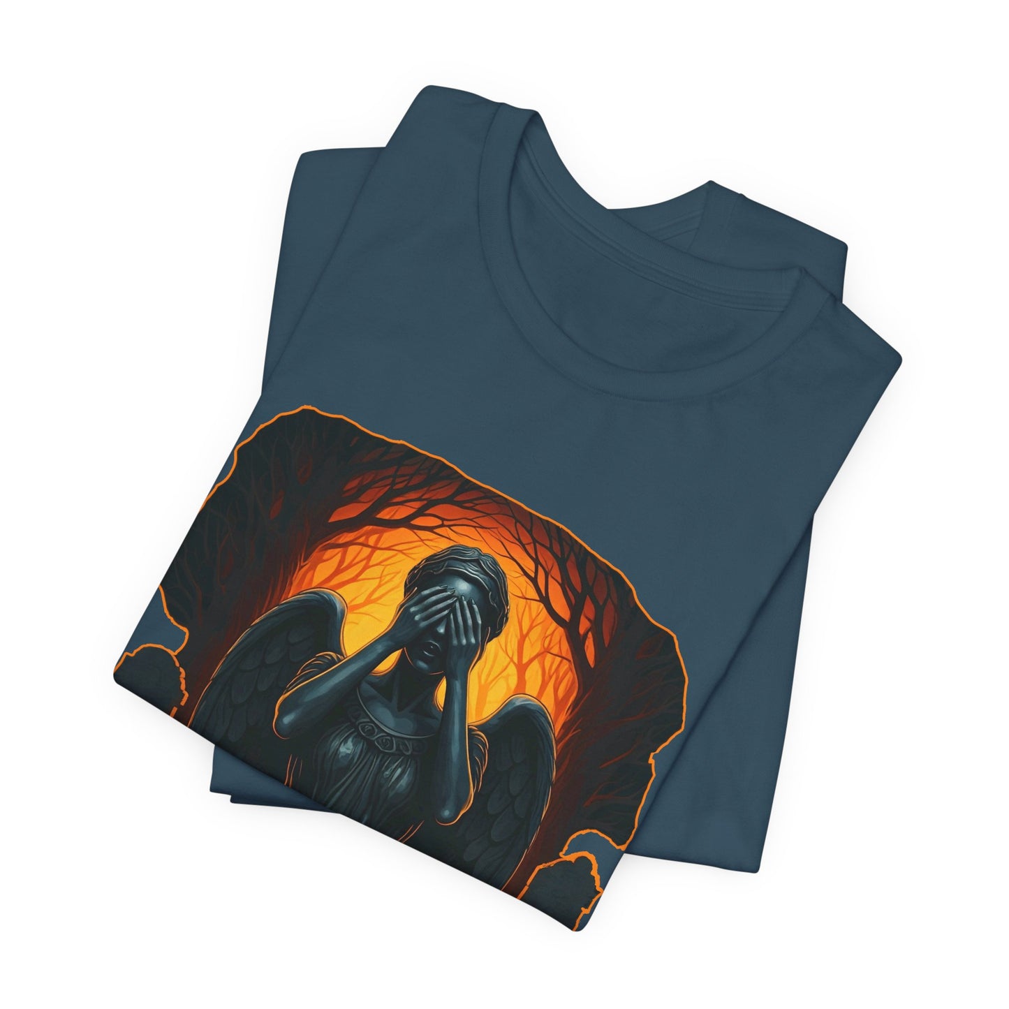 Happy Wholloween Weeping Angel in a spooky orange forest T-shirt