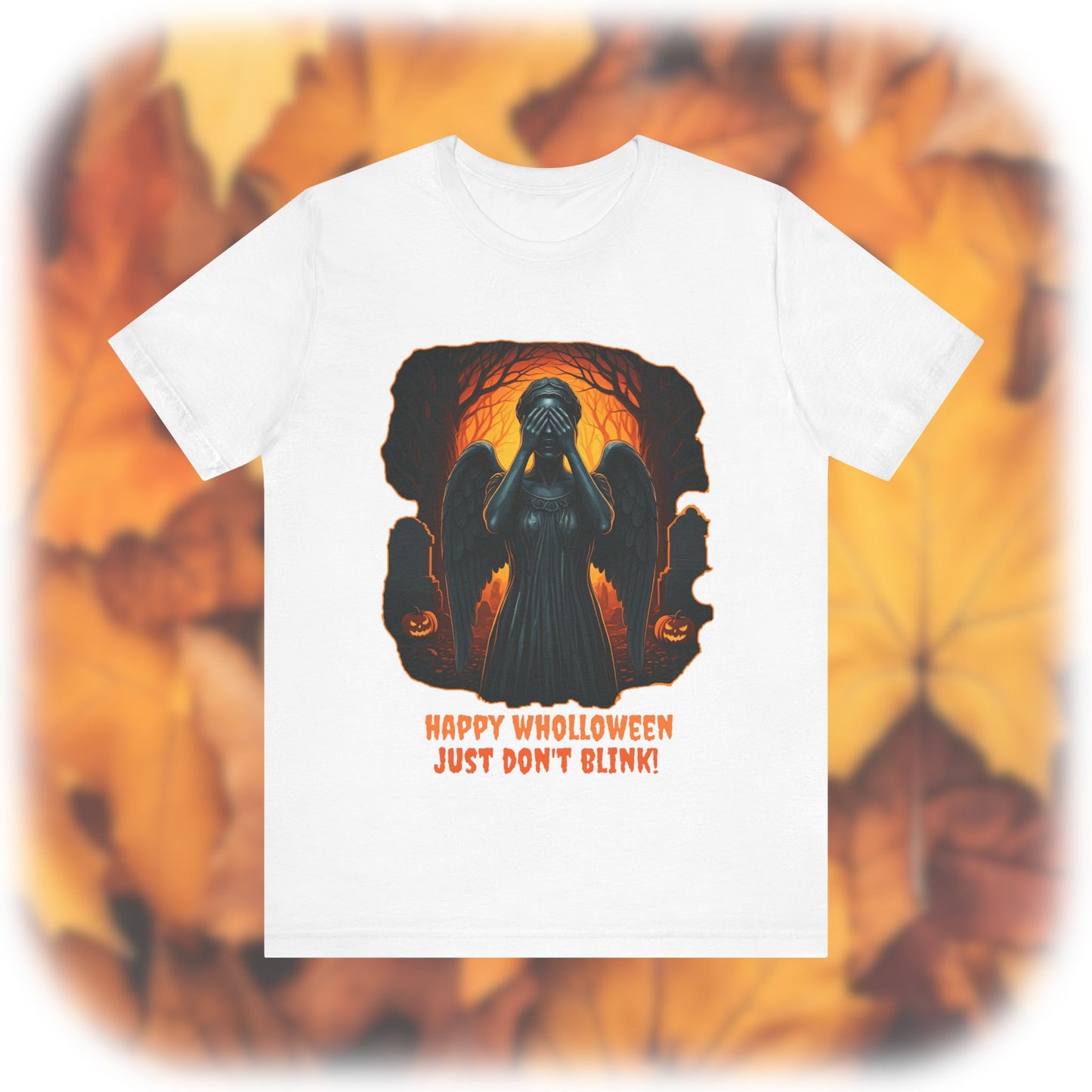 Happy Wholloween Weeping Angel in a spooky orange forest T-shirt