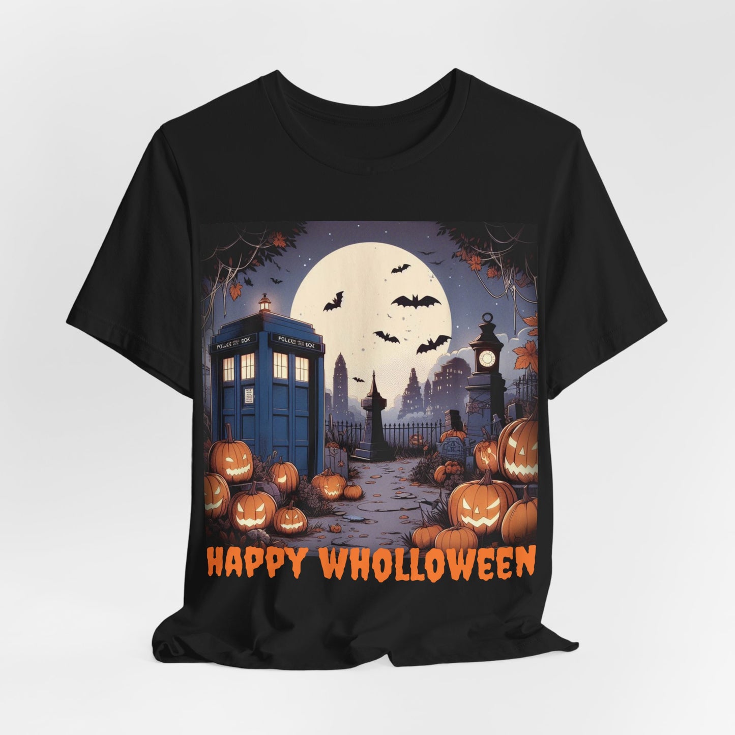 Happy Wholloween TARDIS T-shirt Cartoon Style with bats and pumpkins