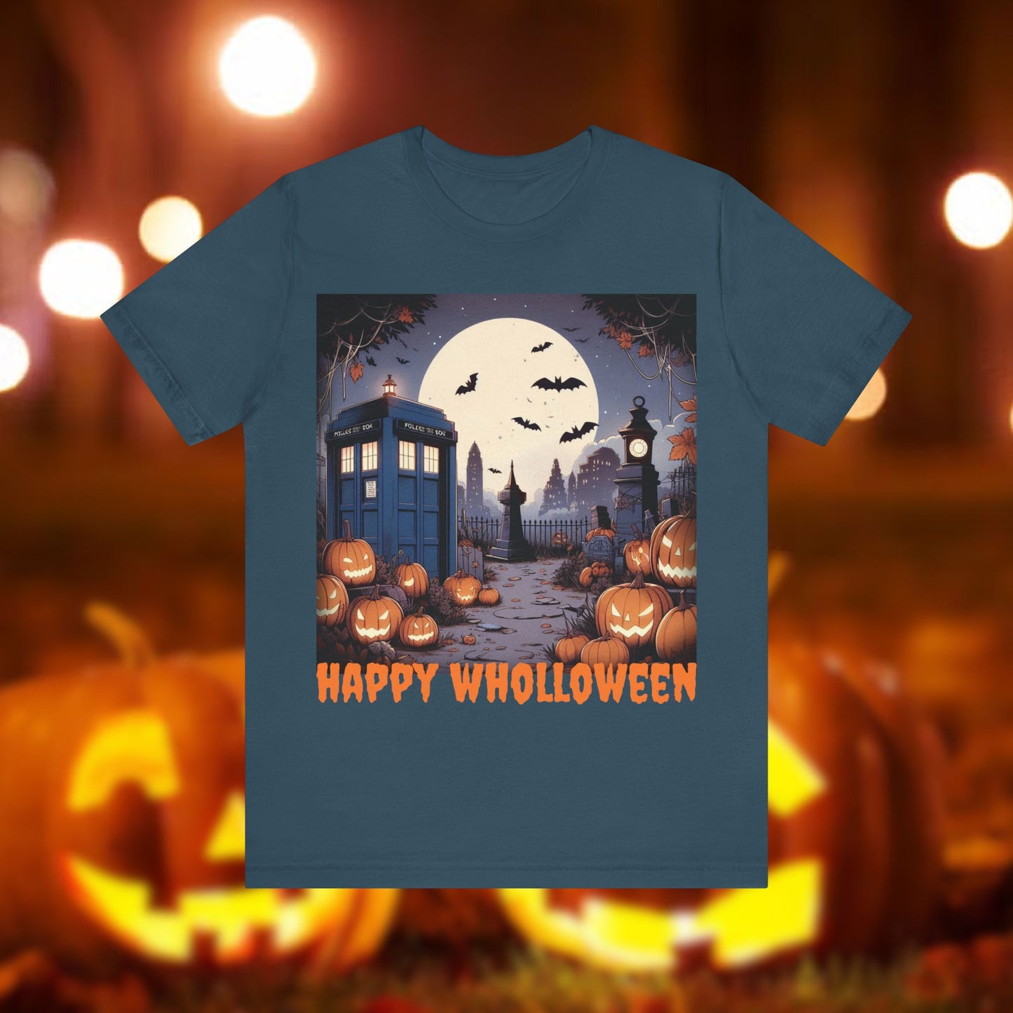 Happy Wholloween TARDIS T-shirt Cartoon Style with bats and pumpkins