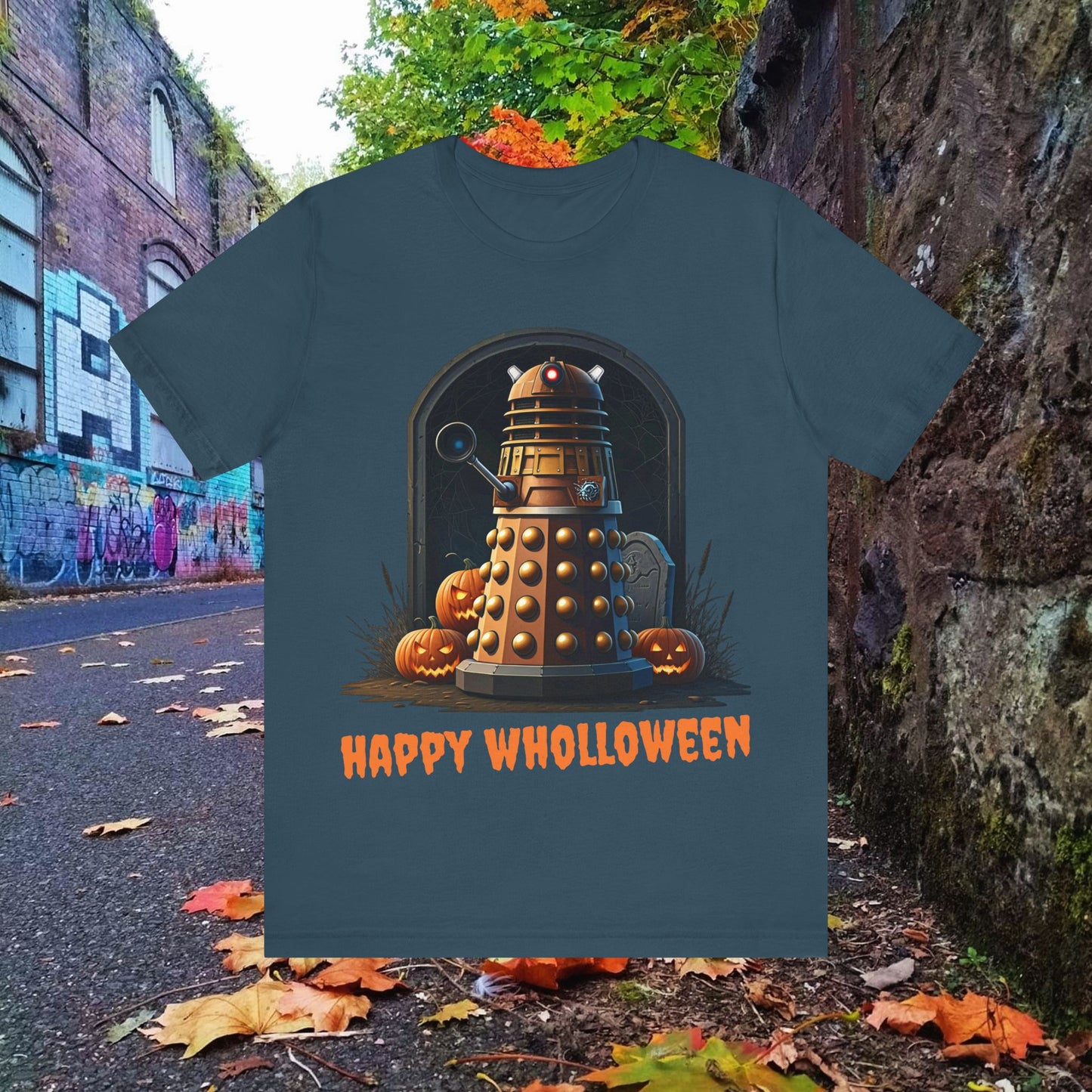 Happy Wholloween Dalek portrait with pumpkins and stuff T-shirt