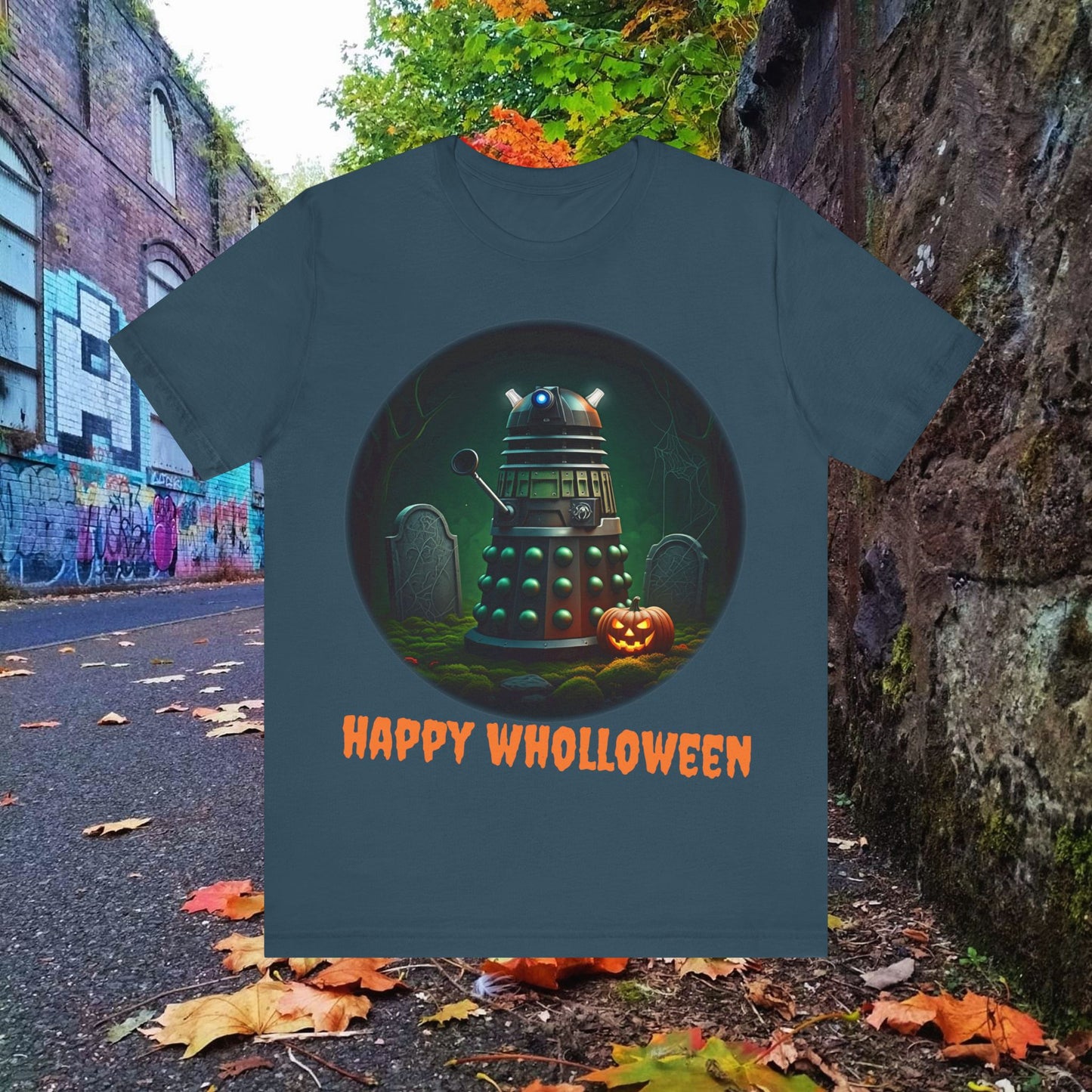 Happy Wholloween Green Dalek in a graveyard, I know, I know... T-shirt featuring pumpkin and gravestone