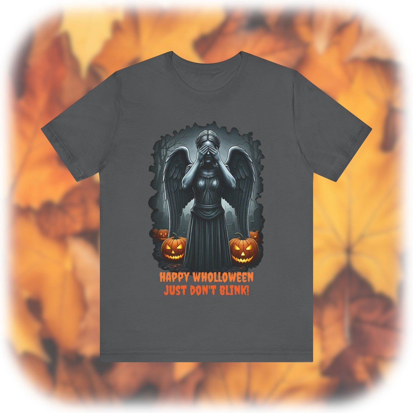 Happy Wholloween black and white Weeping Angel with colour pumpkins several in number T-shirt