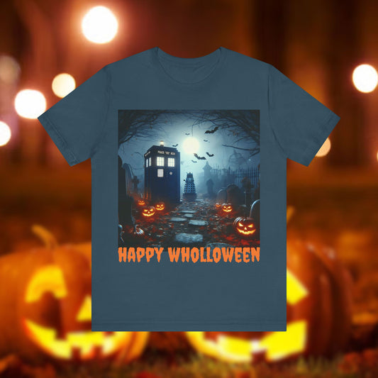 Happy Wholloween TARDIS in graveyard with lurking Dalek T-shirt