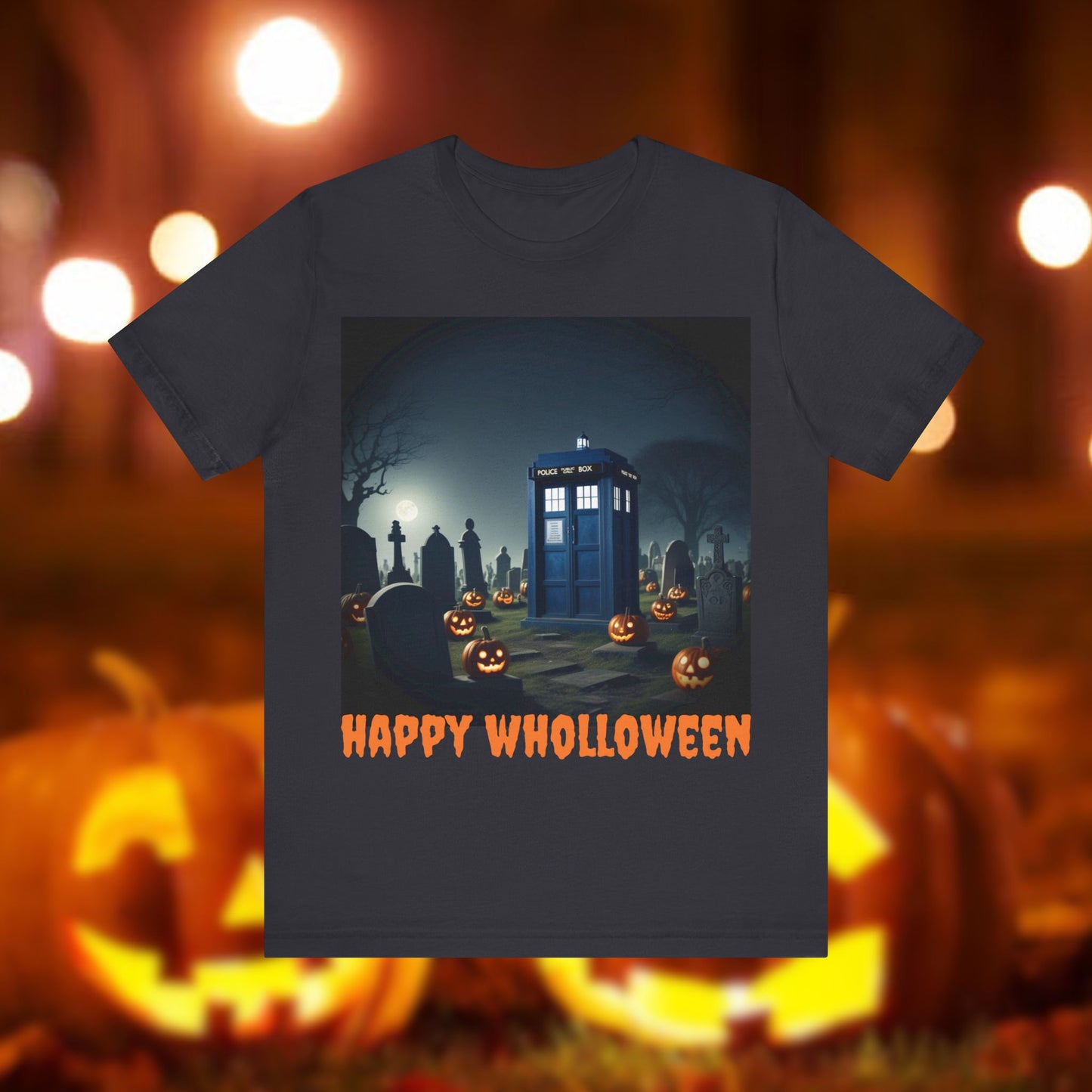 Happy Wholloween TARDIS in spooky pumpkin filled graveyard T-shirt