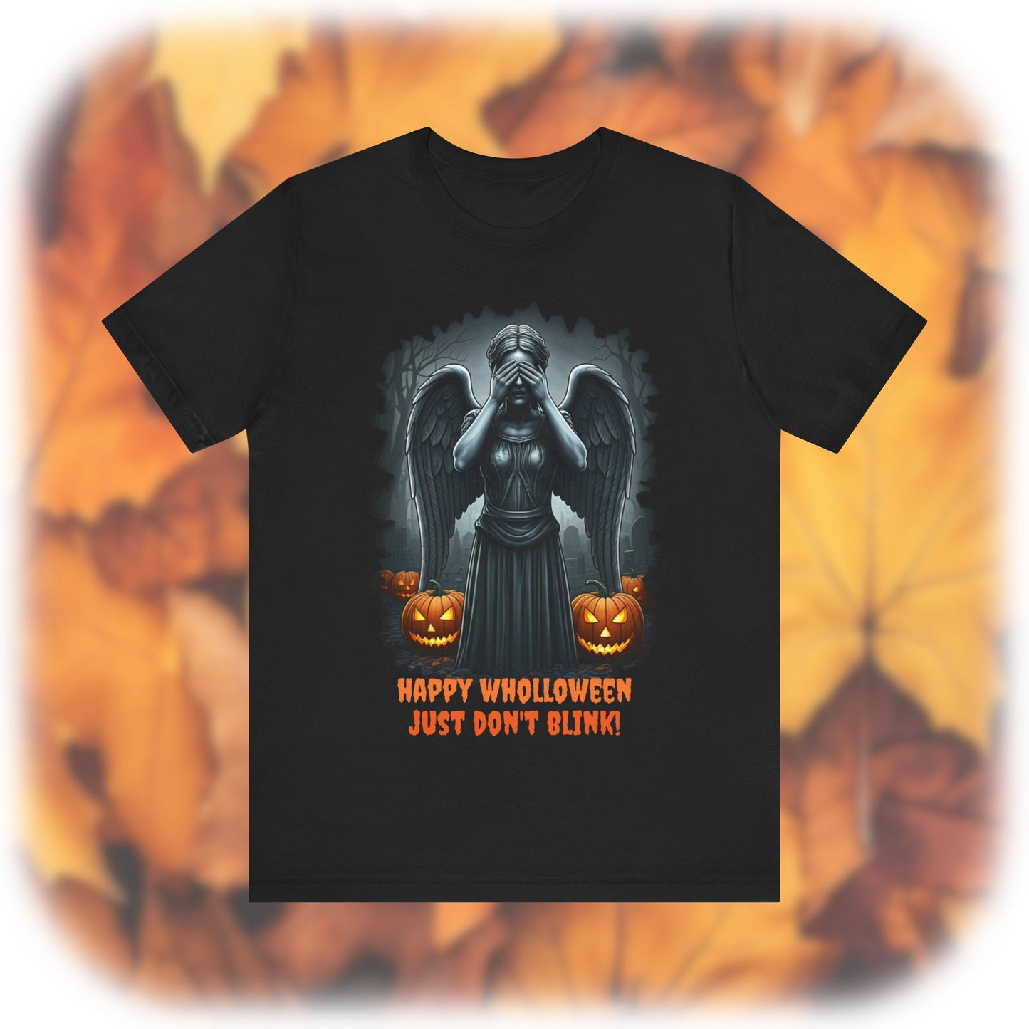 Happy Wholloween black and white Weeping Angel with colour pumpkins several in number T-shirt