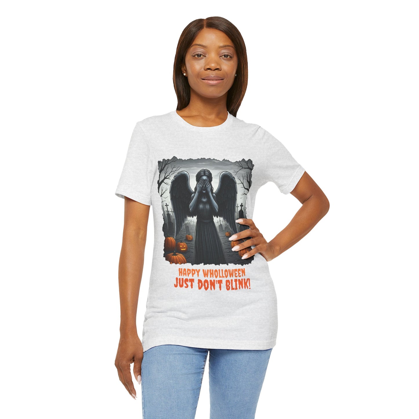 Happy Wholloween black and white Weeping Angel with coloured stolen pumpkins hiding in graveyard T-shirt