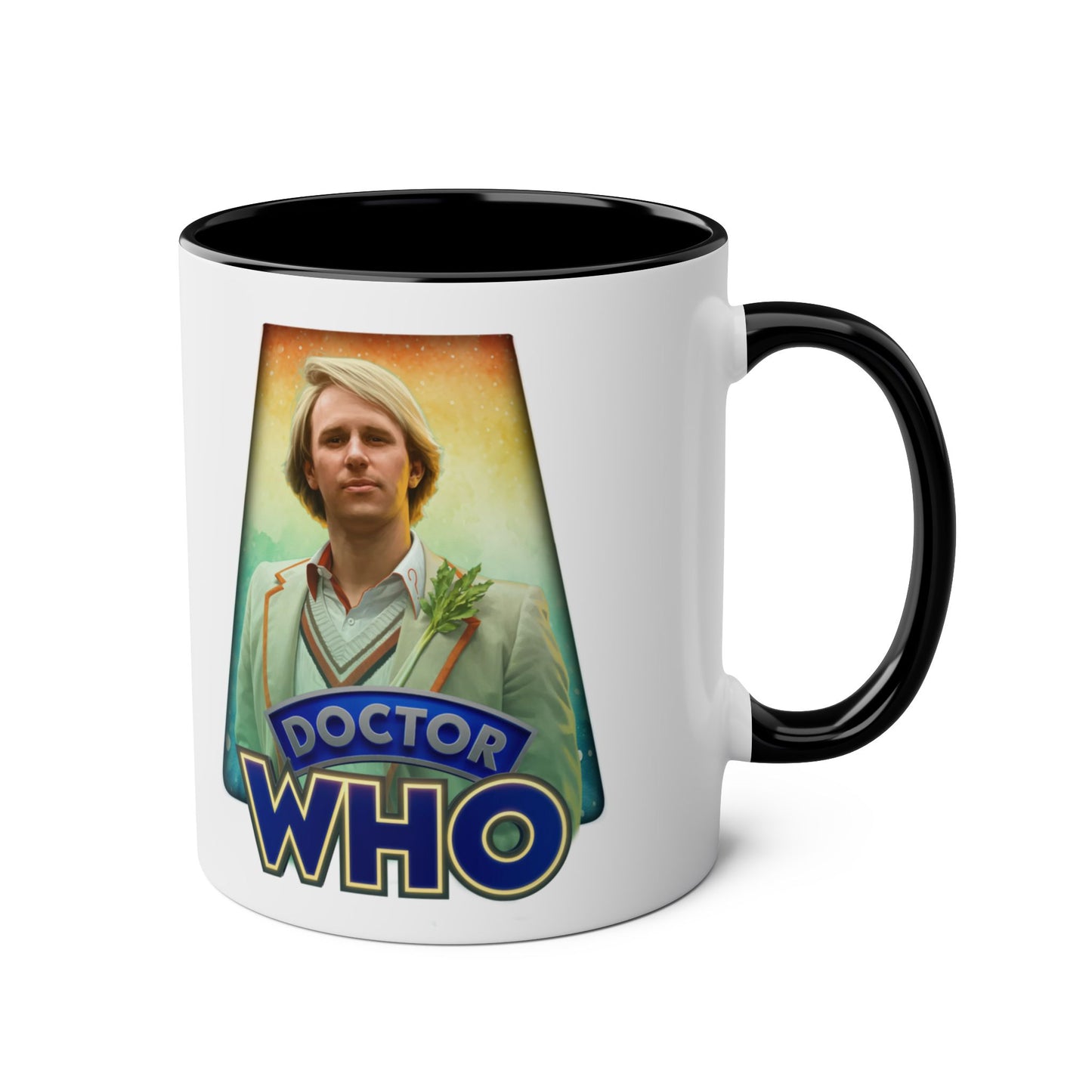 5th Doctor (Peter Davidson) and Doctor Who logo mug.