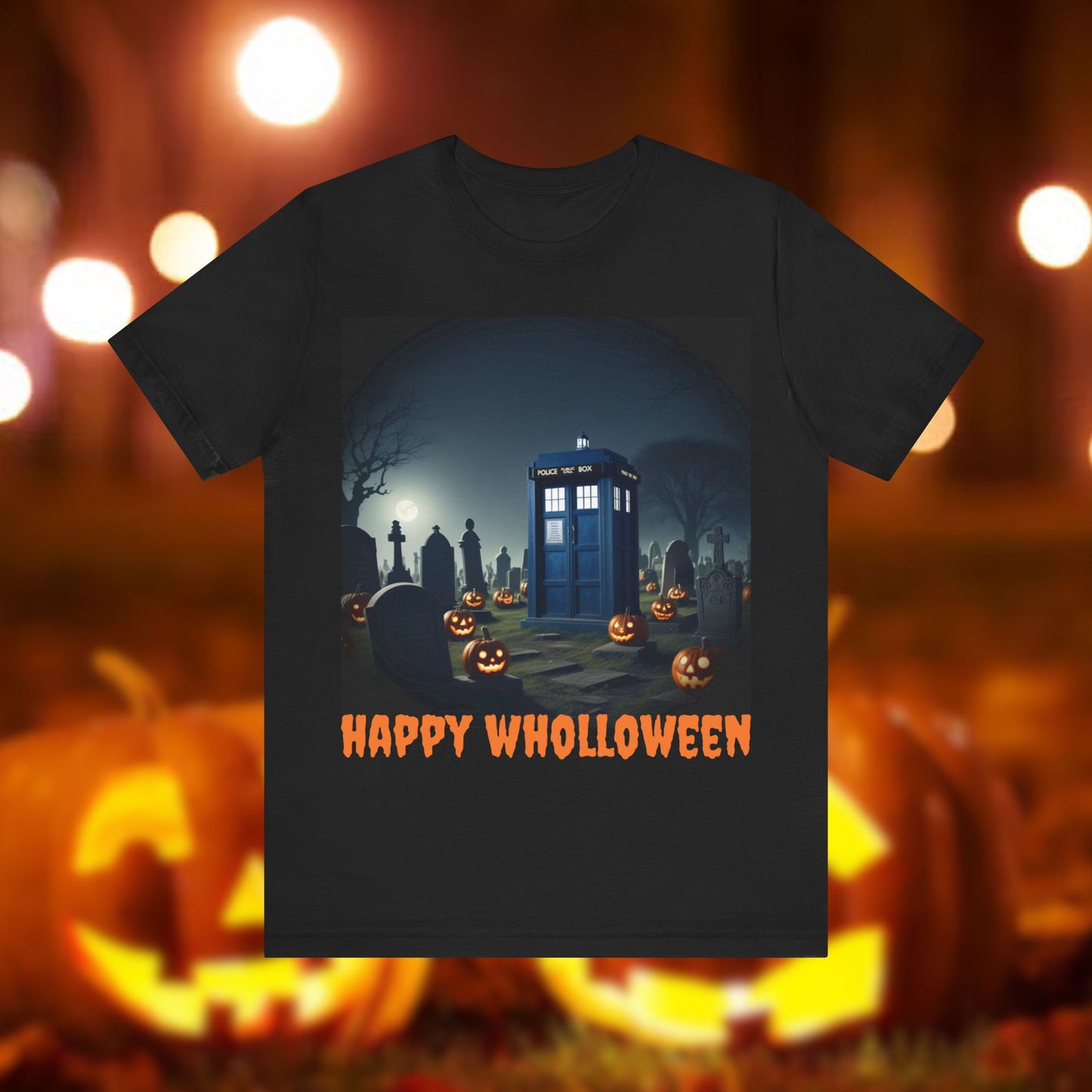 Happy Wholloween TARDIS in spooky pumpkin filled graveyard T-shirt