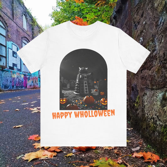 Happy Wholloween black & white Dalek with colour pumpkins in a graveyard T-shirt (Oh, and bats)