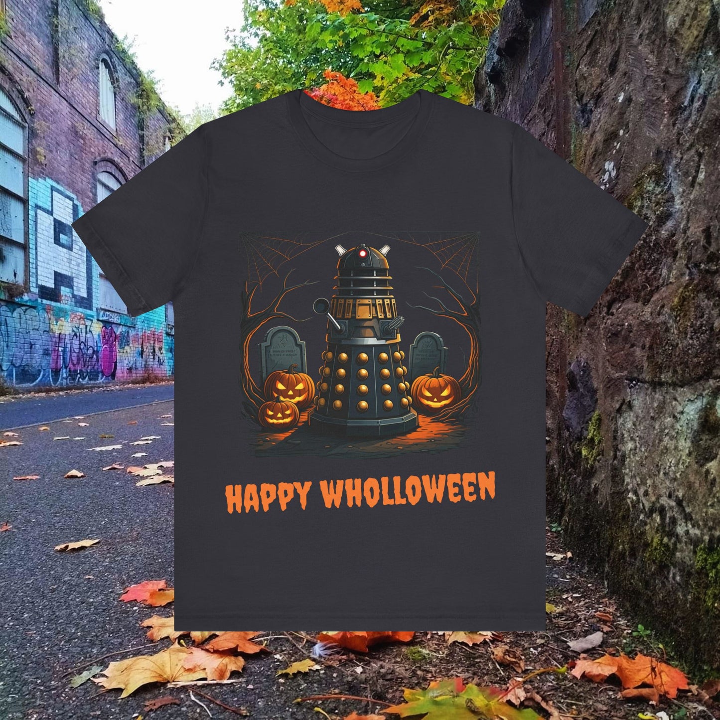 Happy Wholloween Orange back-lit Dalek in a graveyard T-shirt