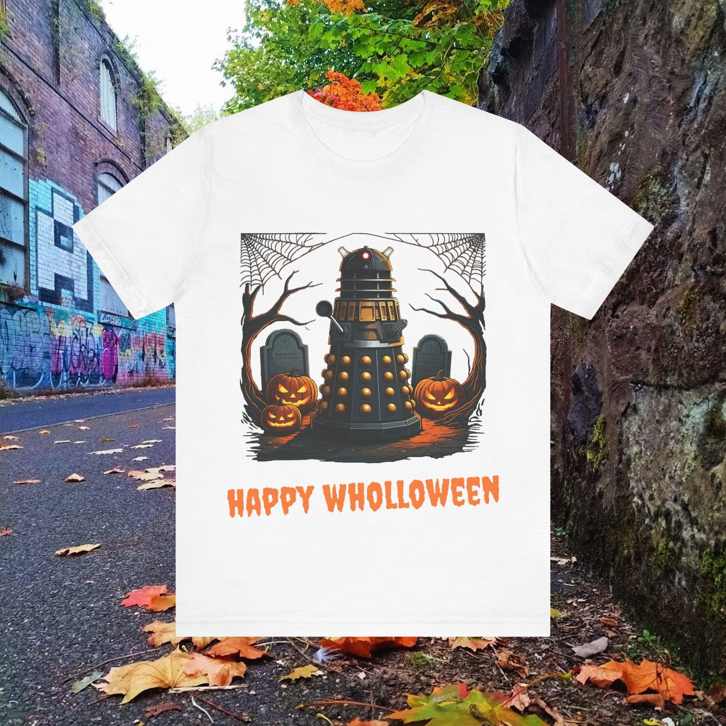 Happy Wholloween Orange back-lit Dalek in a graveyard T-shirt