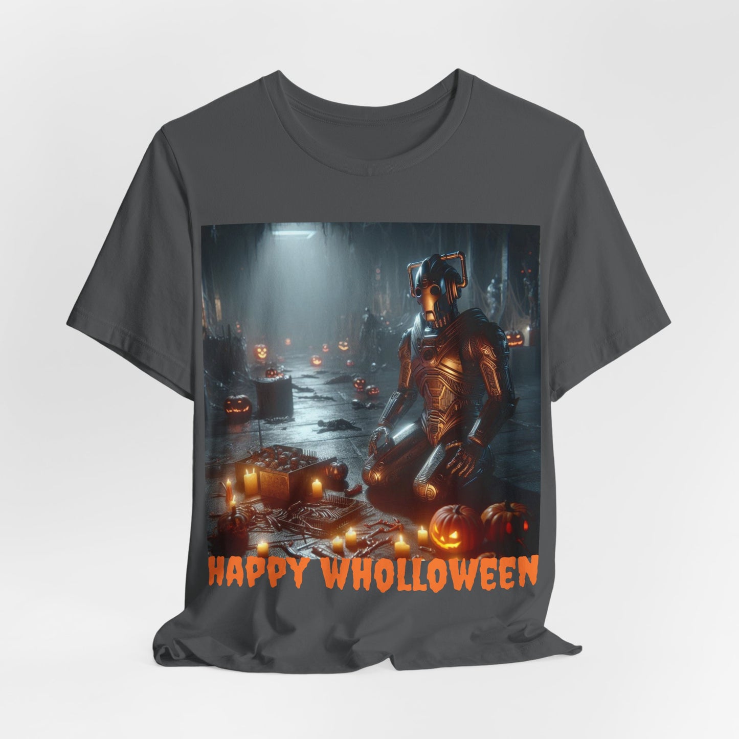 Happy Wholloween Cyberman kneeling in candy T-shirt