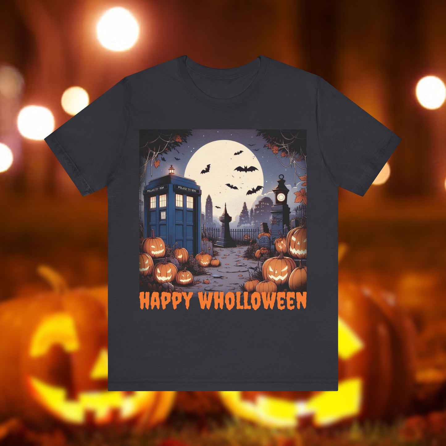 Happy Wholloween TARDIS T-shirt Cartoon Style with bats and pumpkins