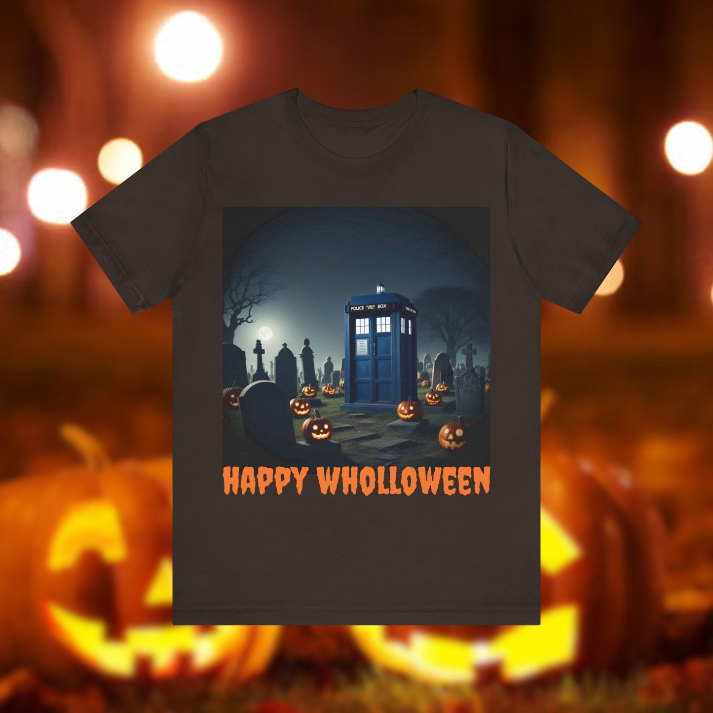 Happy Wholloween TARDIS in spooky pumpkin filled graveyard T-shirt